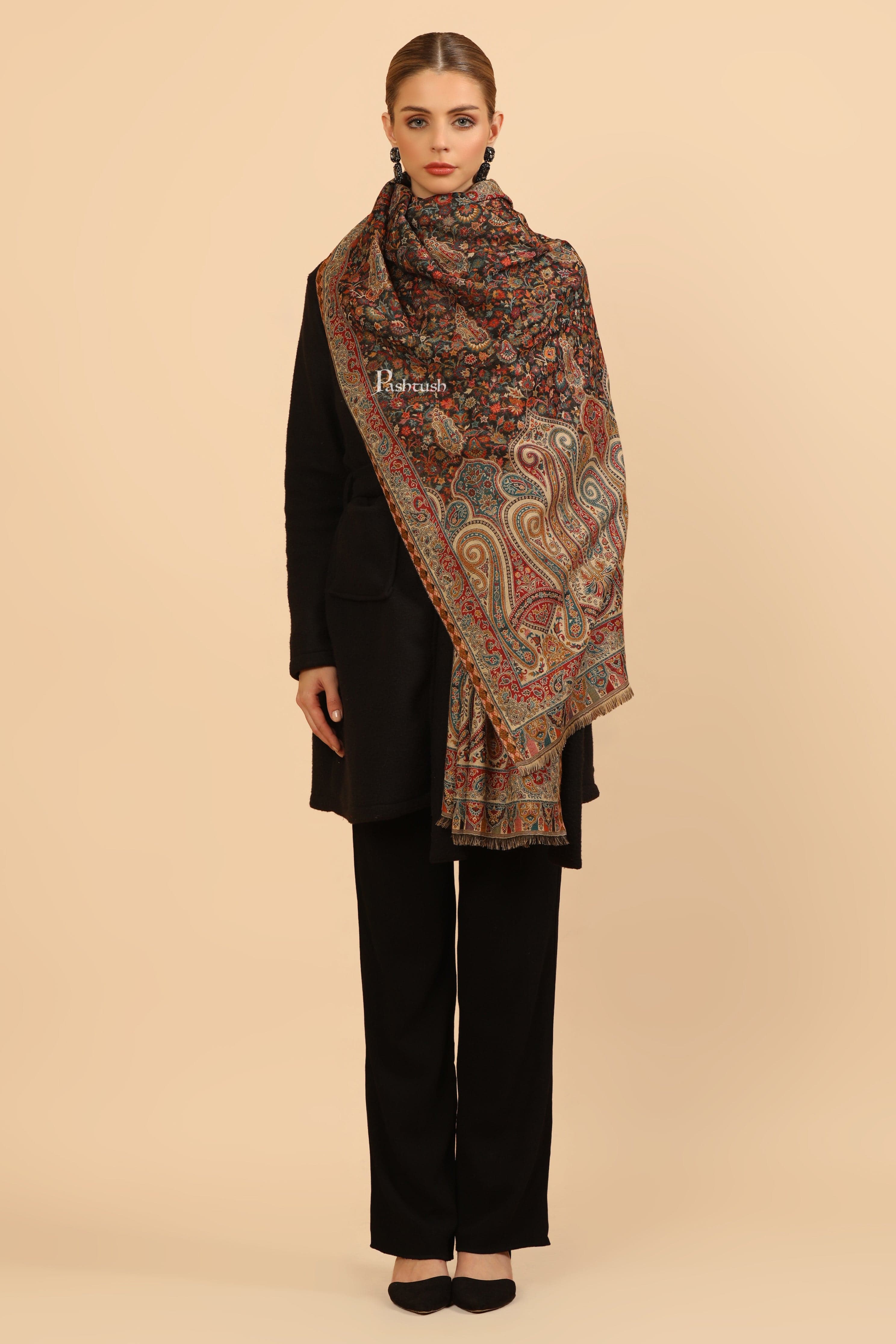 Pashtush Womens Stole, Woven Ethnic Weave Design, Black - Image 3