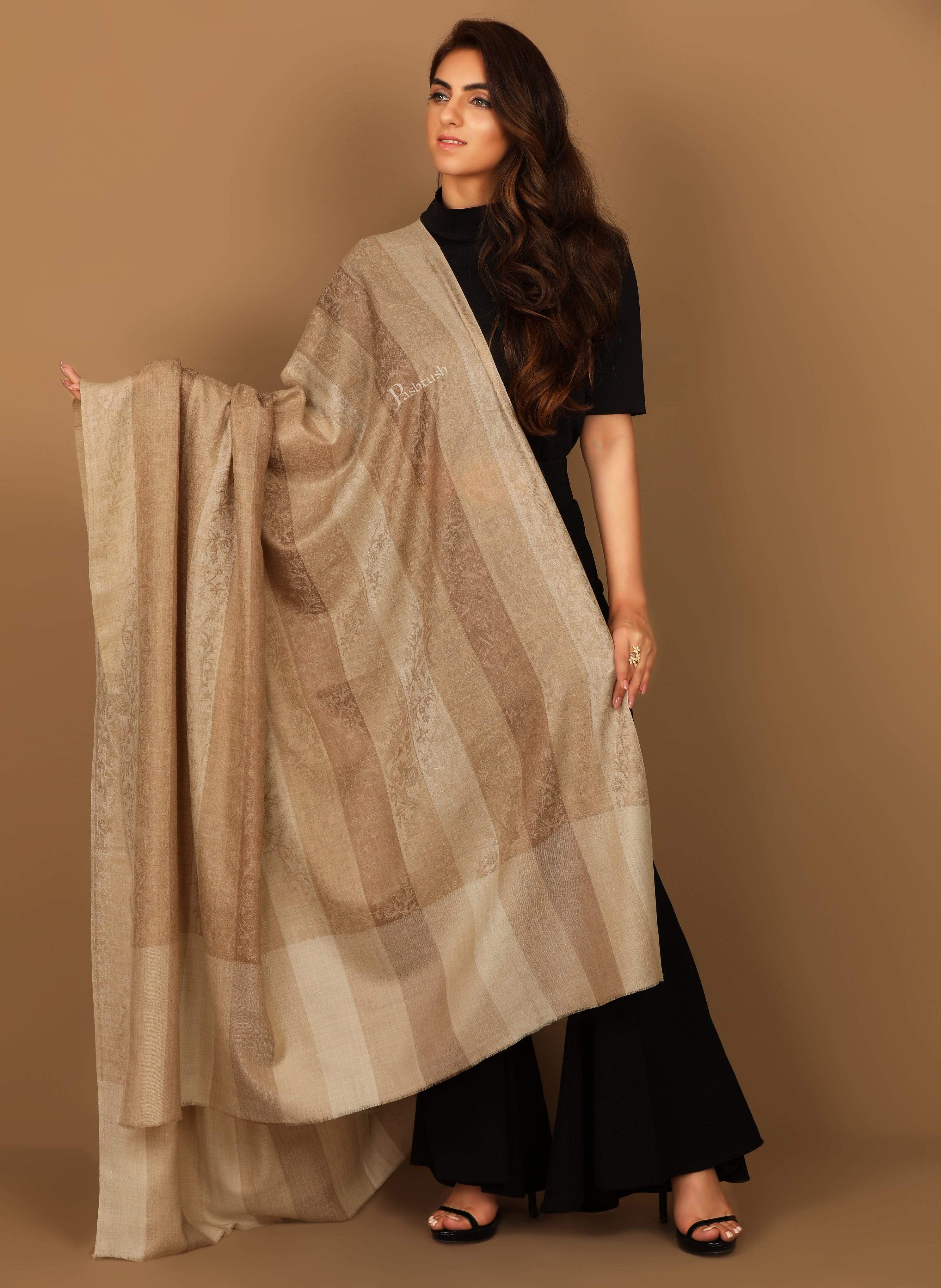 Pashtush Womens Striped Paisley, Self Shawl, In Extra Soft Fine Wool, Large Wrap Size - Image 3