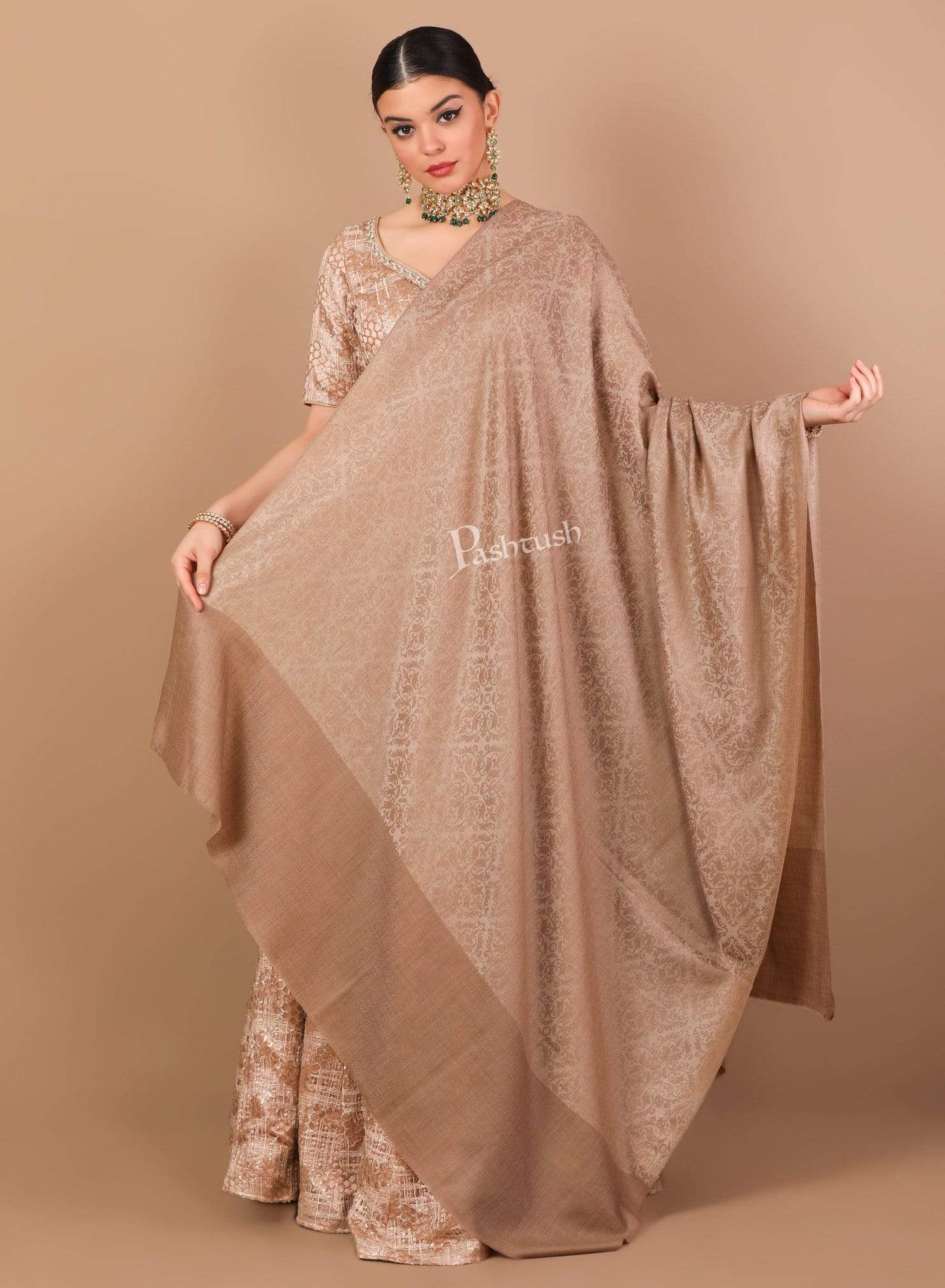 Pashtush Womens Woven Paisley, Self Shawl, In Extra Soft Fine Wool, Large Wrap Size Beige