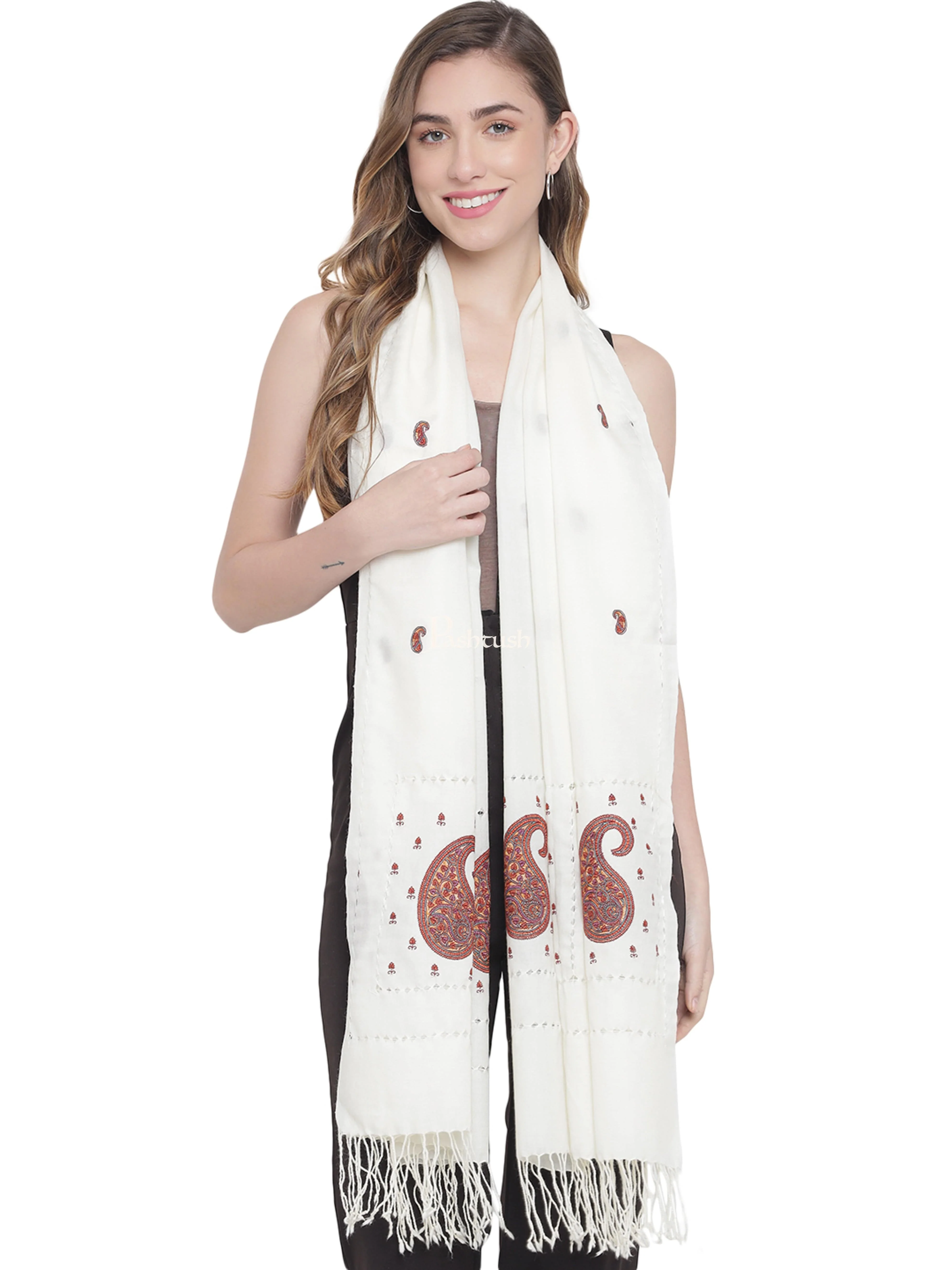 Pashtush Womens Tarkashi Embroidery, Hand Knotted, Fine Wool Stole, White