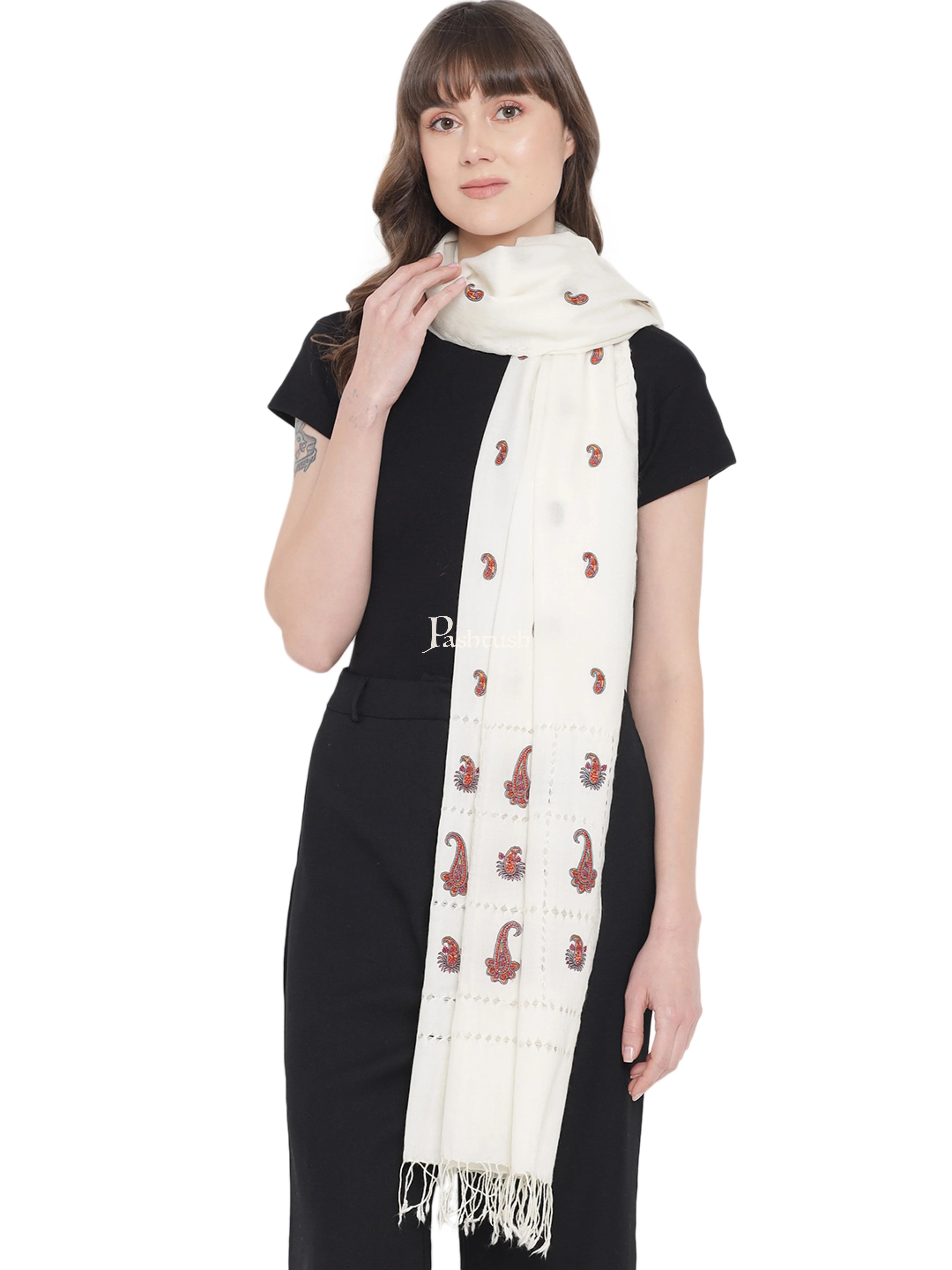 Pashtush Womens Tarkashi Embroidery, Handmade, Delicate, Fine Wool Stole, Ivory - Image 4