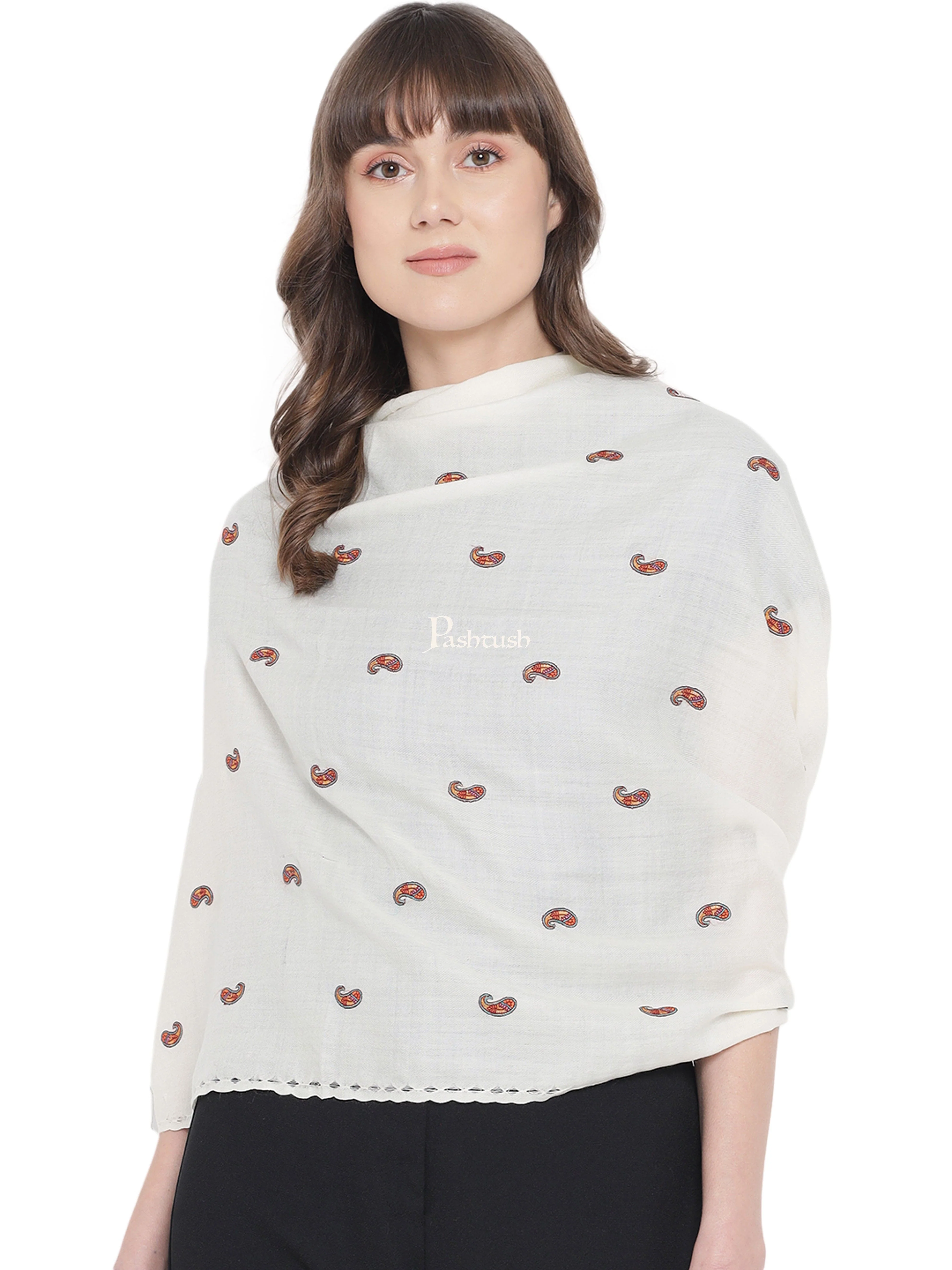 Pashtush Womens Tarkashi Embroidery, Handmade, Delicate, Fine Wool Stole, Ivory - Image 5