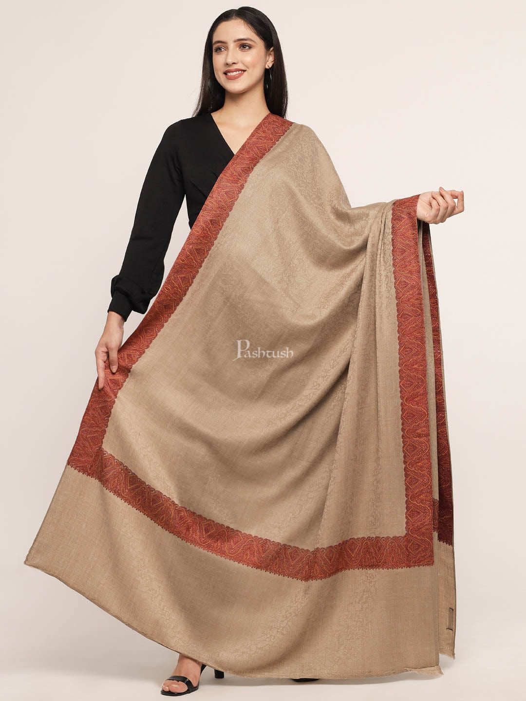 Pashtush Womens taupe Embroidery Daur Shawl - Image 3