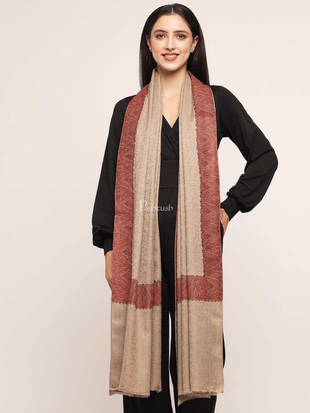 Pashtush Womens taupe Embroidery Daur Shawl - Image 4
