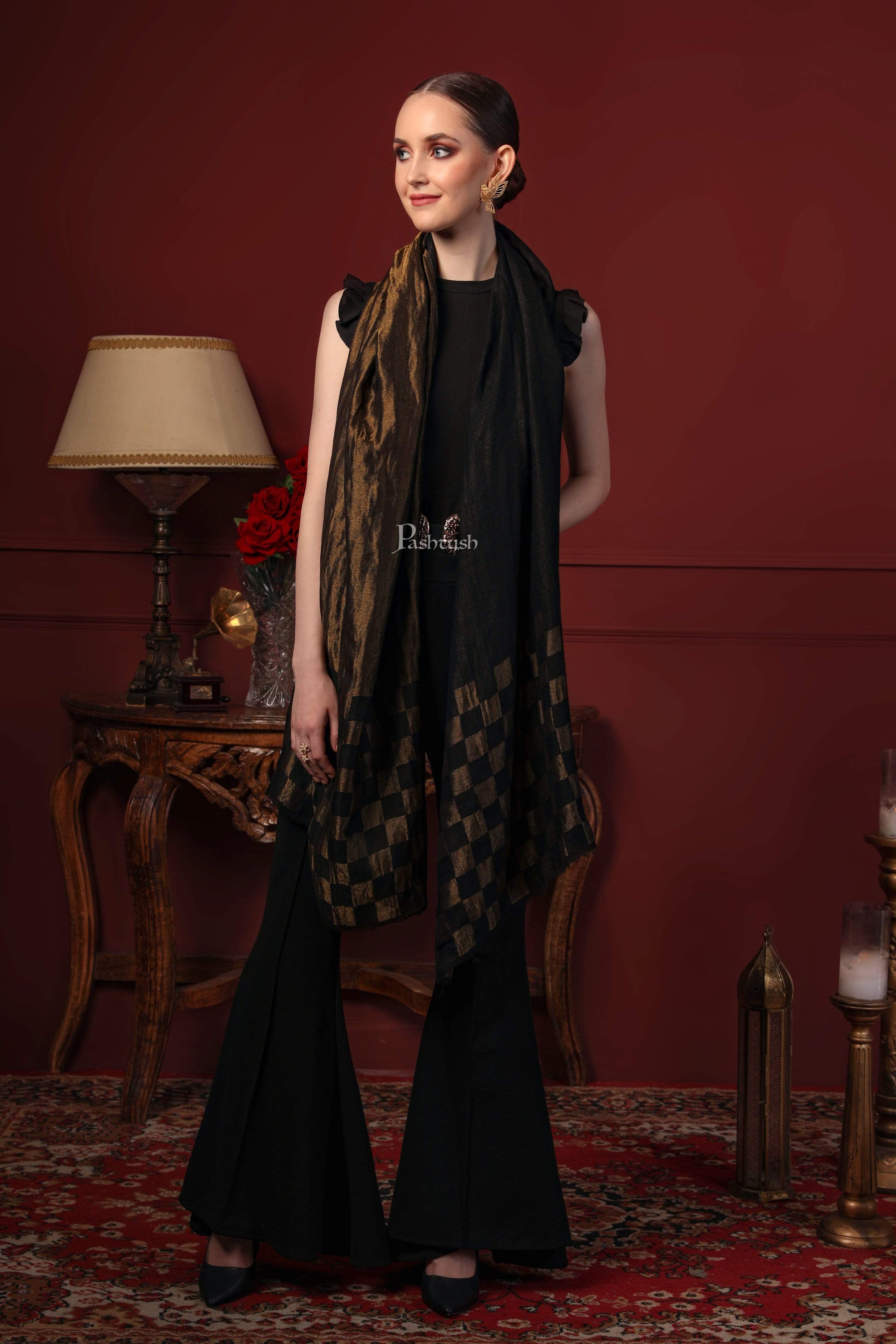 Pashtush Womens Twilight Checkered Scarf, With Shimmery Zari  Thread Weave, Black And Gold - Image 5