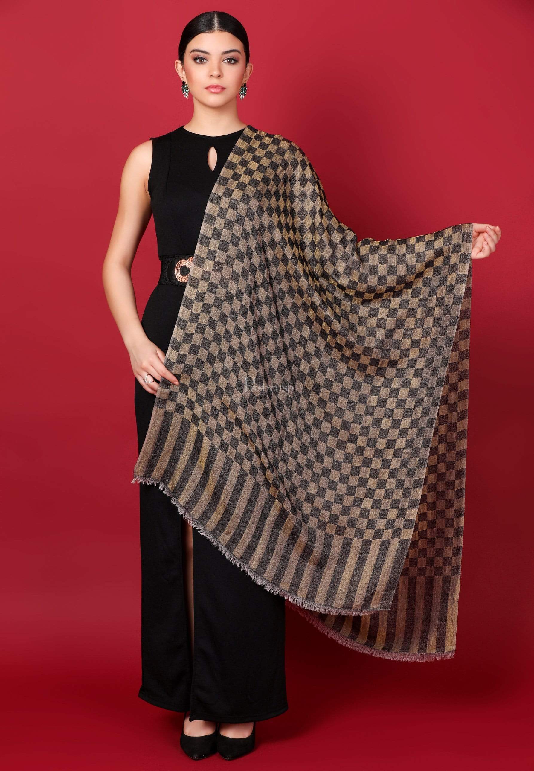 Pashtush Womens Twilight Checkered Scarf, With Shimmery Zari Thread Weave, Black And Gold