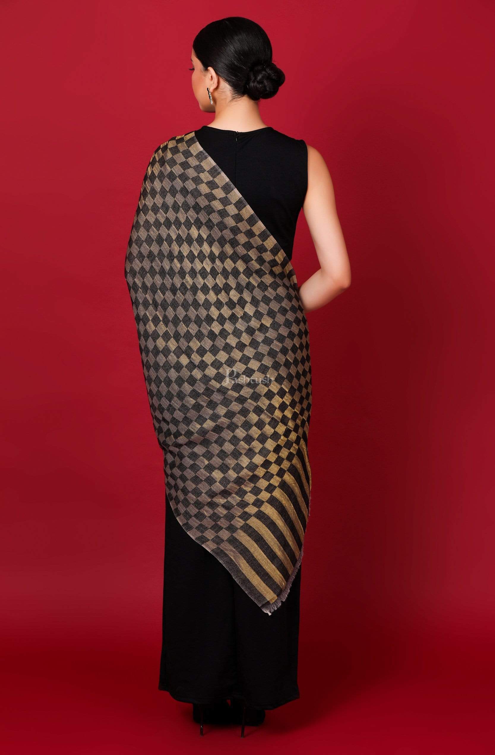 Pashtush Womens Twilight Checkered Scarf, With Shimmery Zari Thread Weave, Black And Gold - Image 4