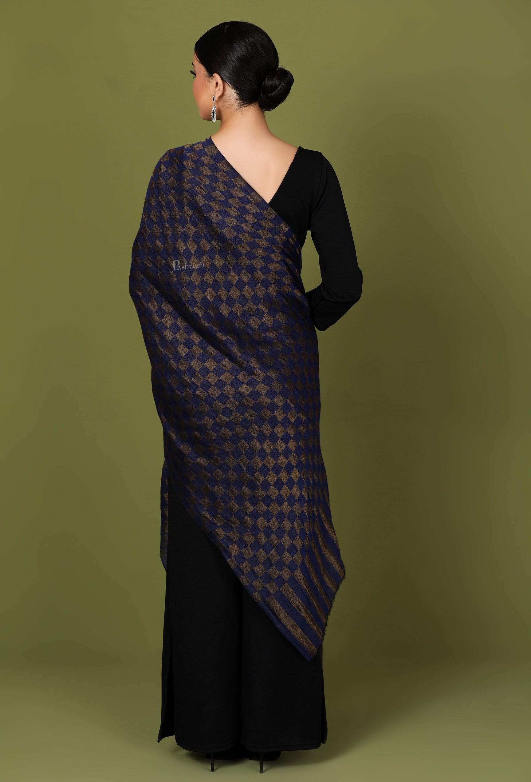 Pashtush Womens Twilight Checkered Scarf, With Shimmery Zari Thread Weave, Blue And Golden - Image 3