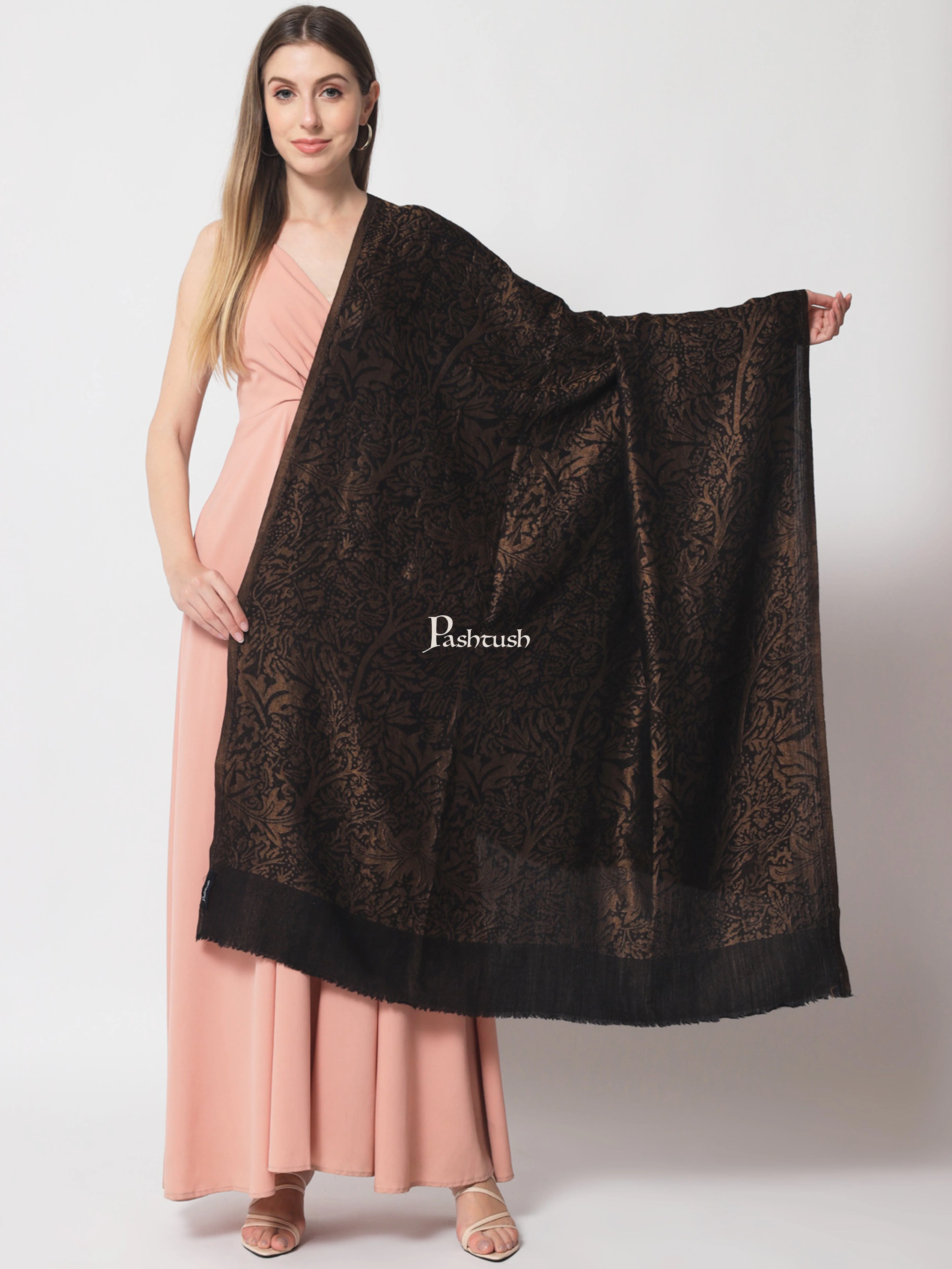 Pashtush Womens Twilight Collection, Jacquard shawl, With Metallic Thread Weave, Fine Wool, Black