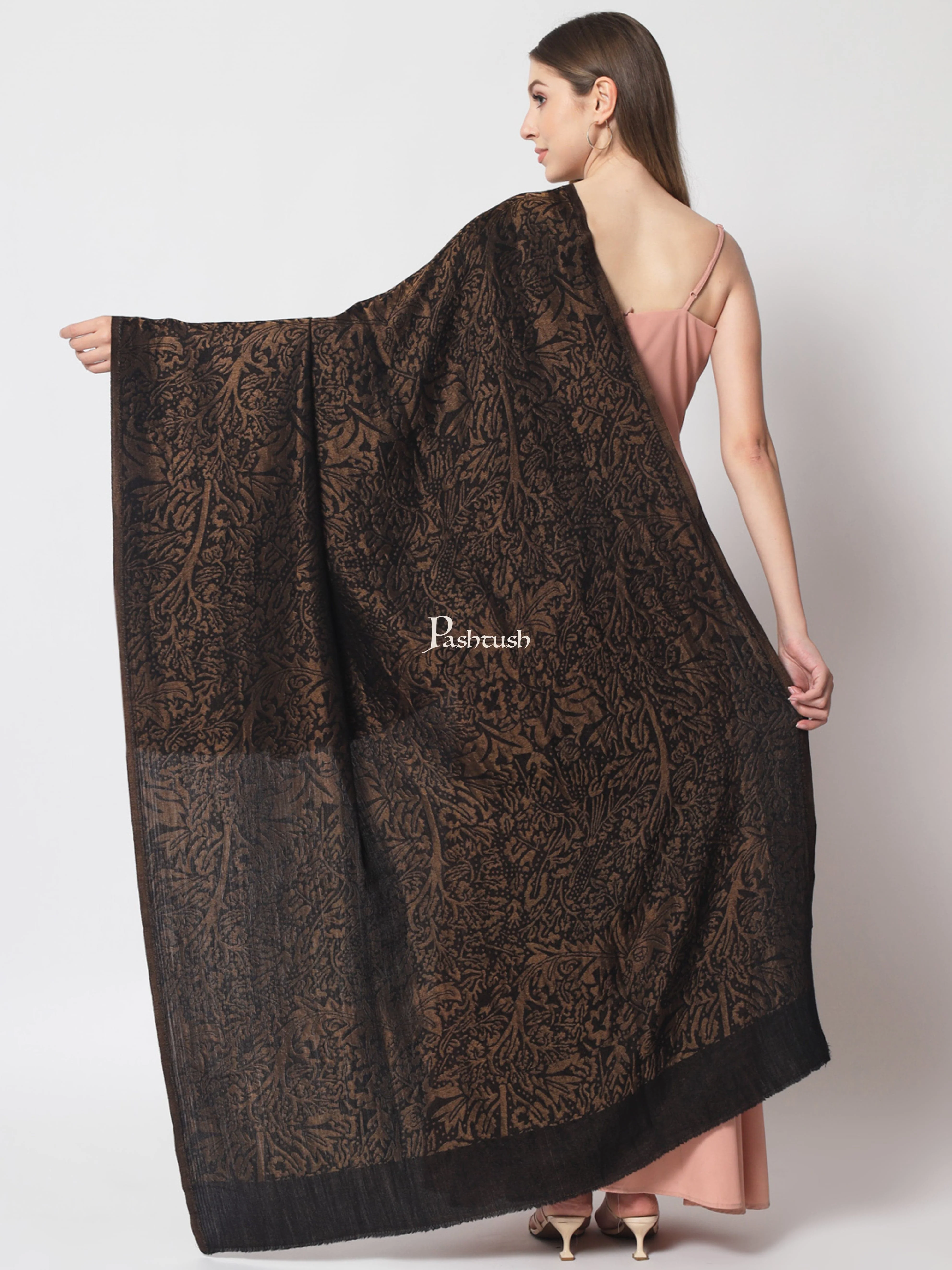 Pashtush Womens Twilight Collection, Jacquard shawl, With Metallic Thread Weave, Fine Wool, Black - Image 3