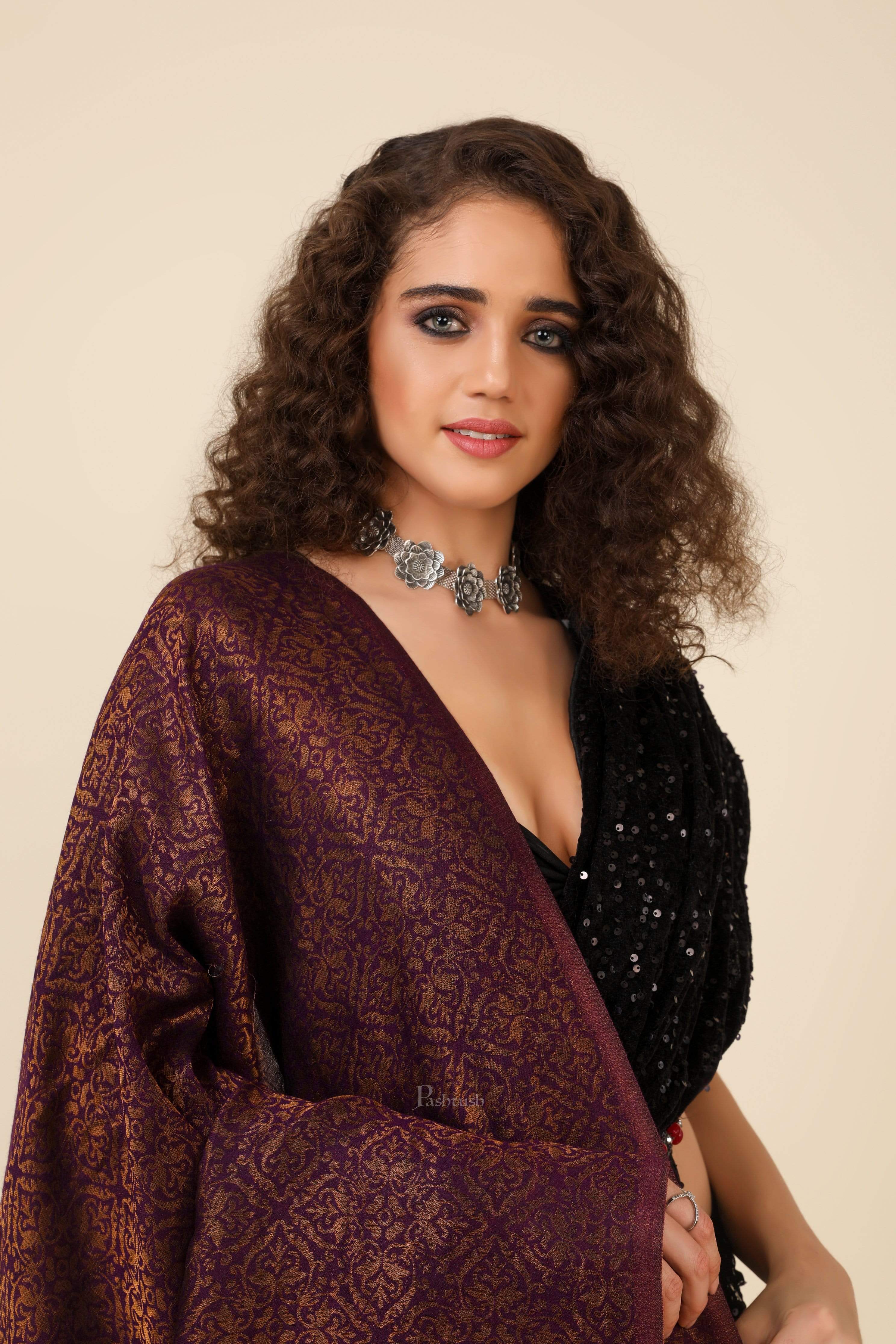 Pashtush Womens Twilight Collection, Jacquard Shawl, With Metallic Thread Weave, Fine Wool - Image 3