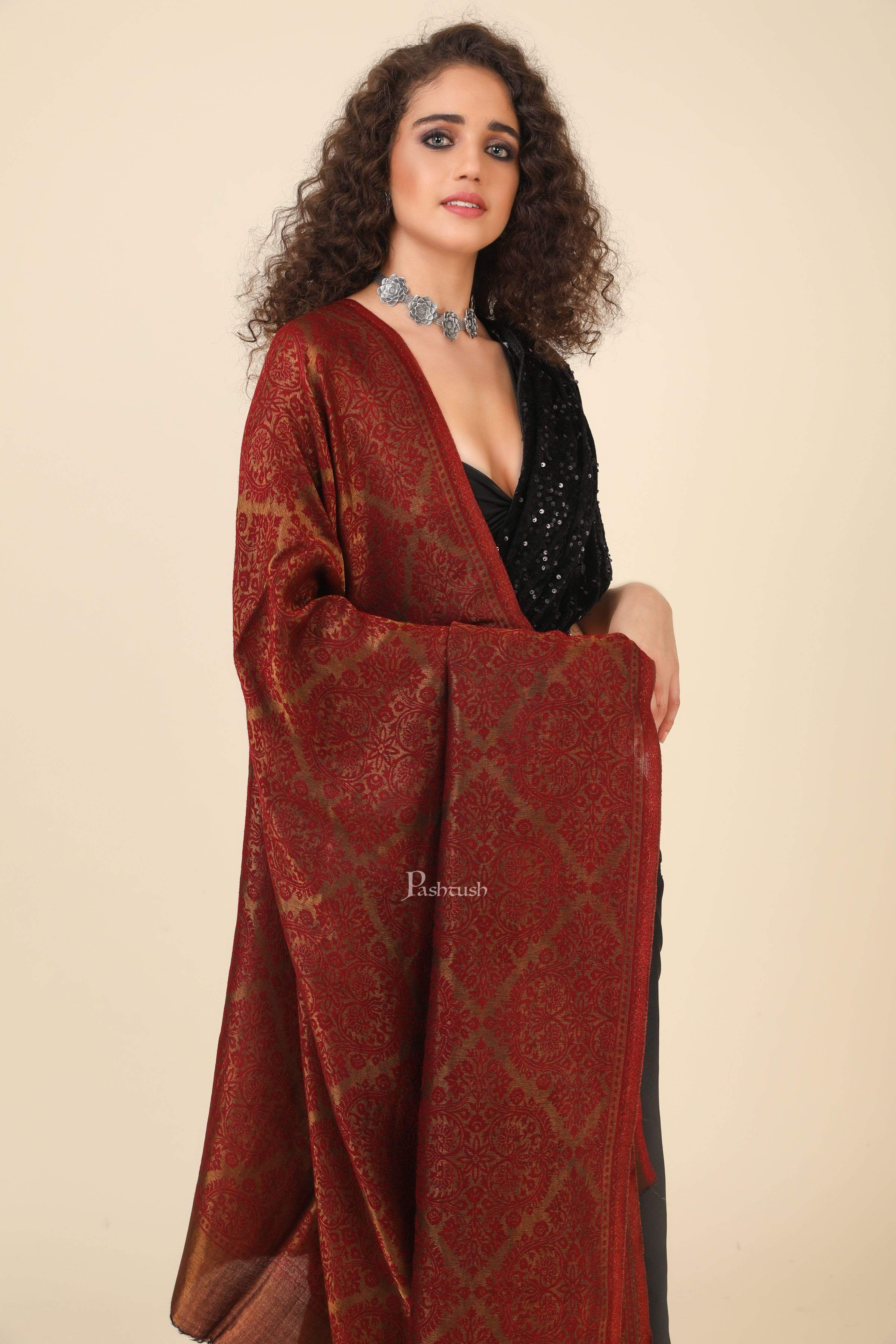 Pashtush Womens Twilight Collection, Jacquard Shawl, With Metallic Thread Weave, Fine Wool - Image 4
