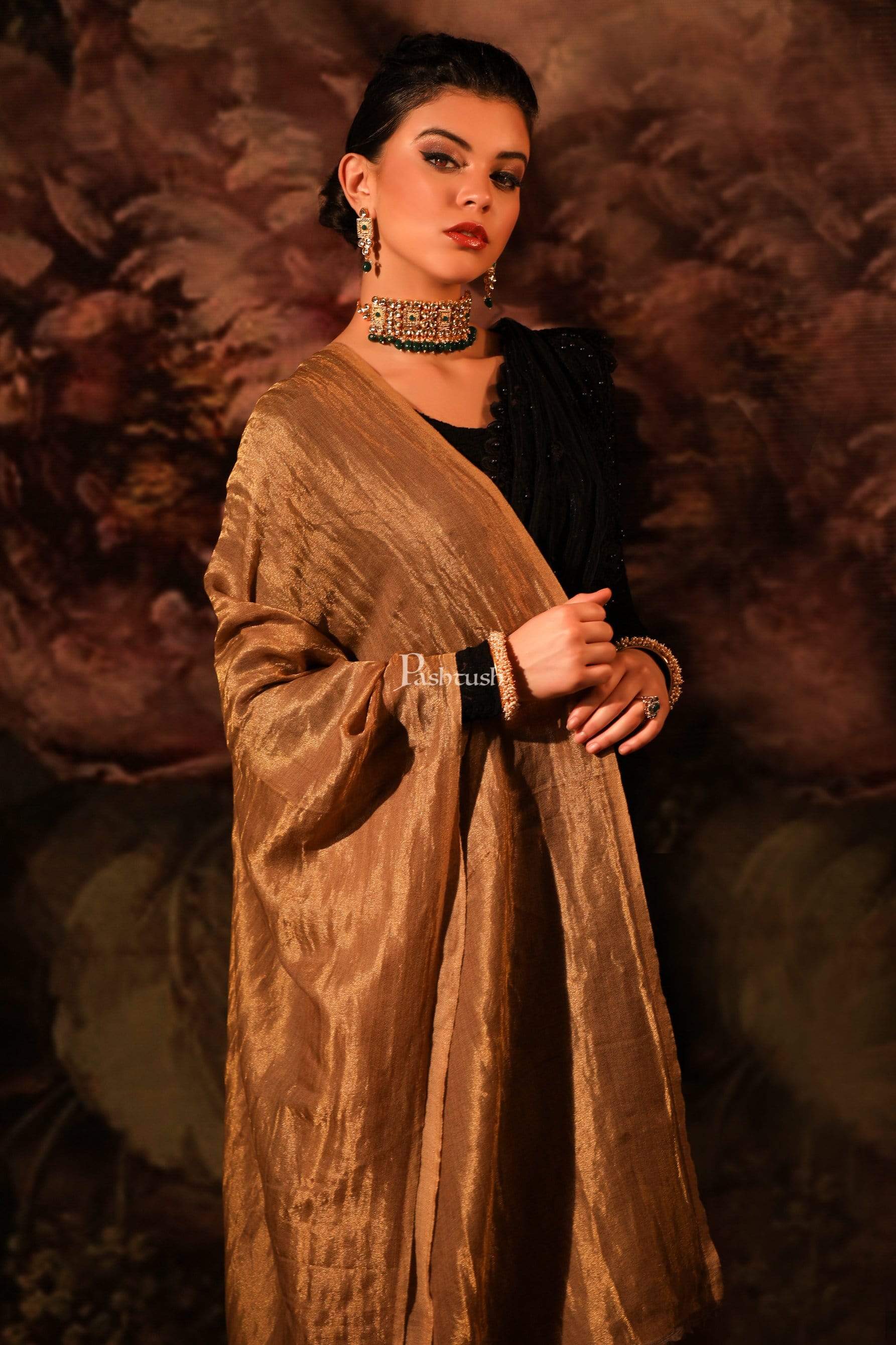 Pashtush Womens Stole, Fine Wool, Twilight Scarf, Reversible Scarf, Rich Gold