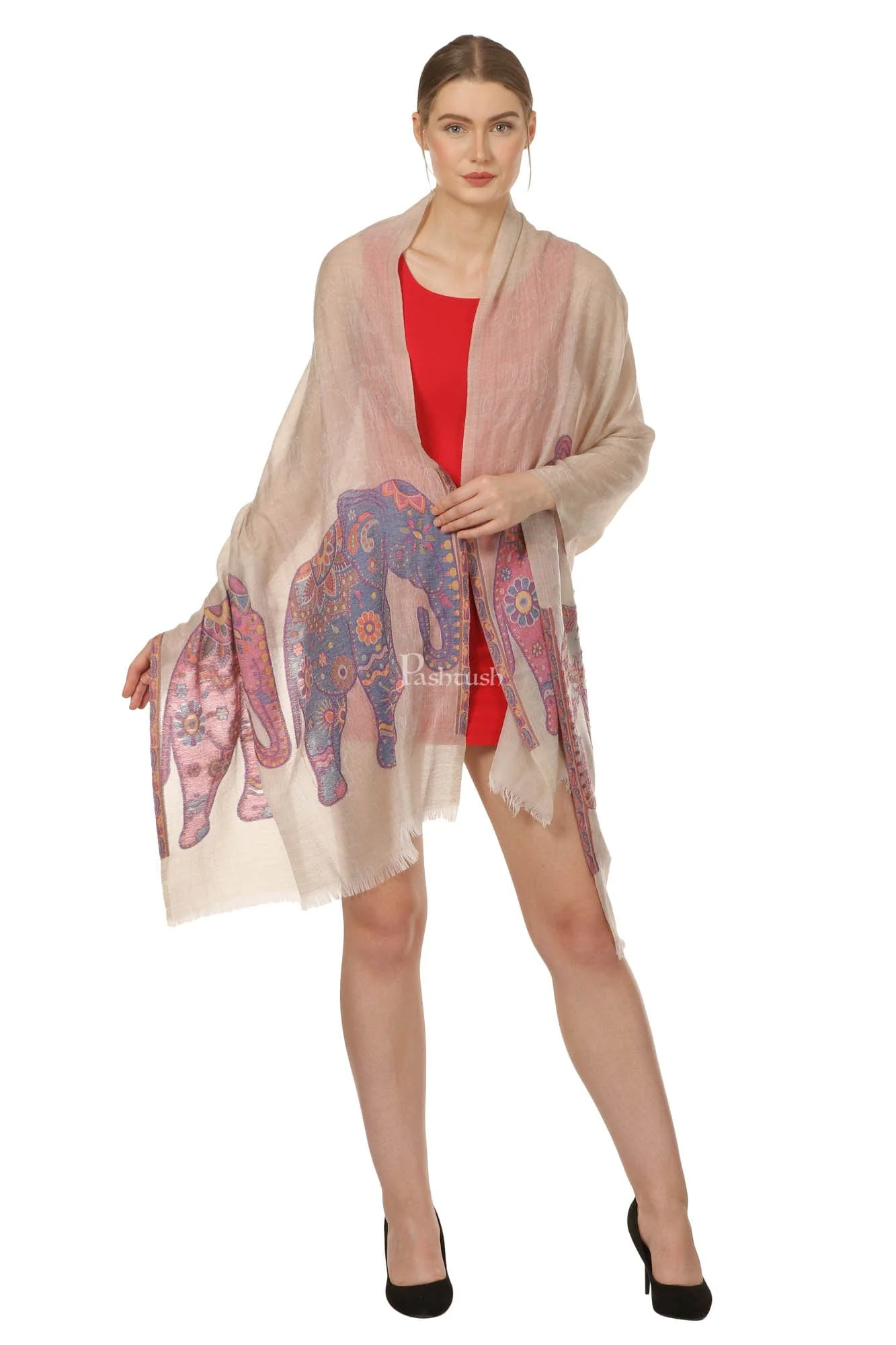 Pashtush Womens Ultra Fine Wool Blended Scarf With Woven Elephant Design, Soft And Luxurious - Image 5