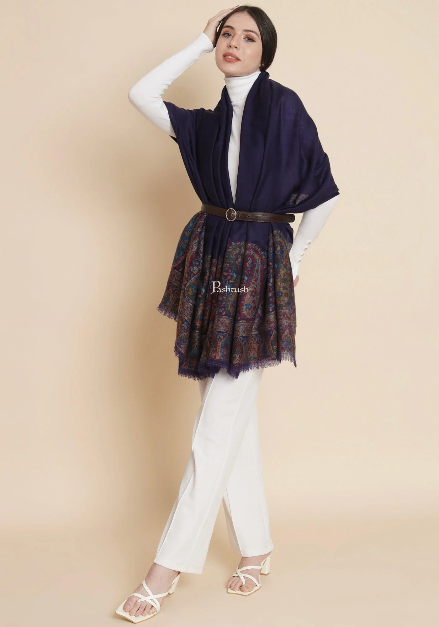 Pashtush Womens, 100% Pure Wool With Woolmark Certificate, Paisley Beautiful Palla Woven, Blue - Image 2