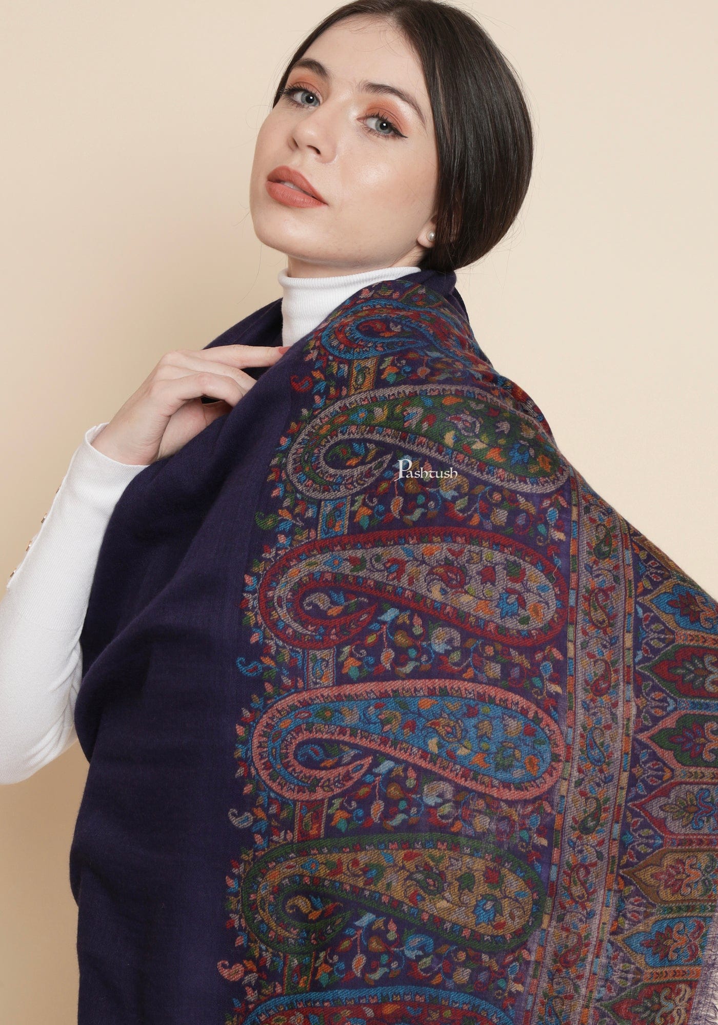 Pashtush Womens, 100% Pure Wool With Woolmark Certificate, Paisley Beautiful Palla Woven, Blue - Image 3
