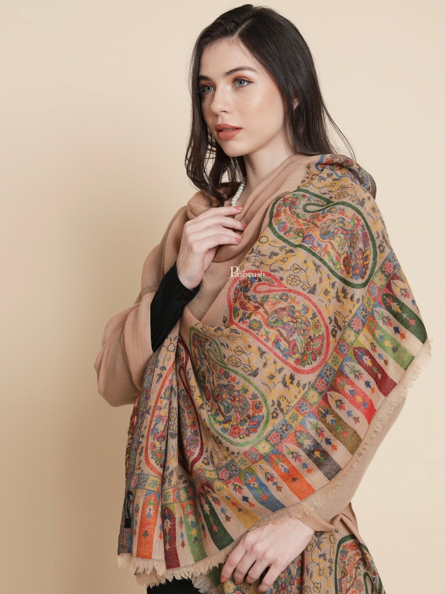 Pashtush Womens, 100% Pure Wool With Woolmark Certificate, Paisley Beautilful Paisle Woven, Beige