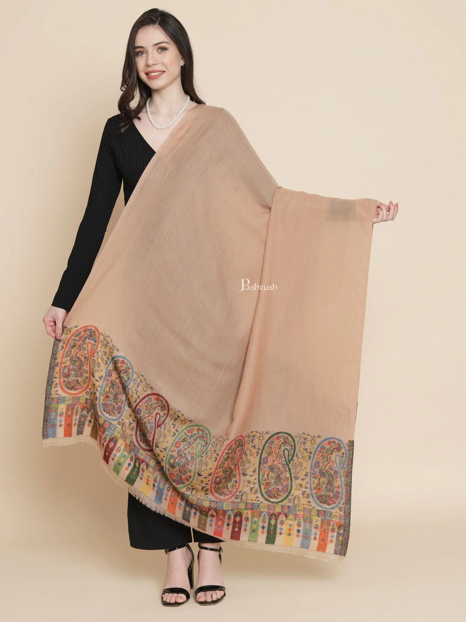 Pashtush Womens, 100% Pure Wool With Woolmark Certificate, Paisley Beautilful Paisle Woven, Beige - Image 3