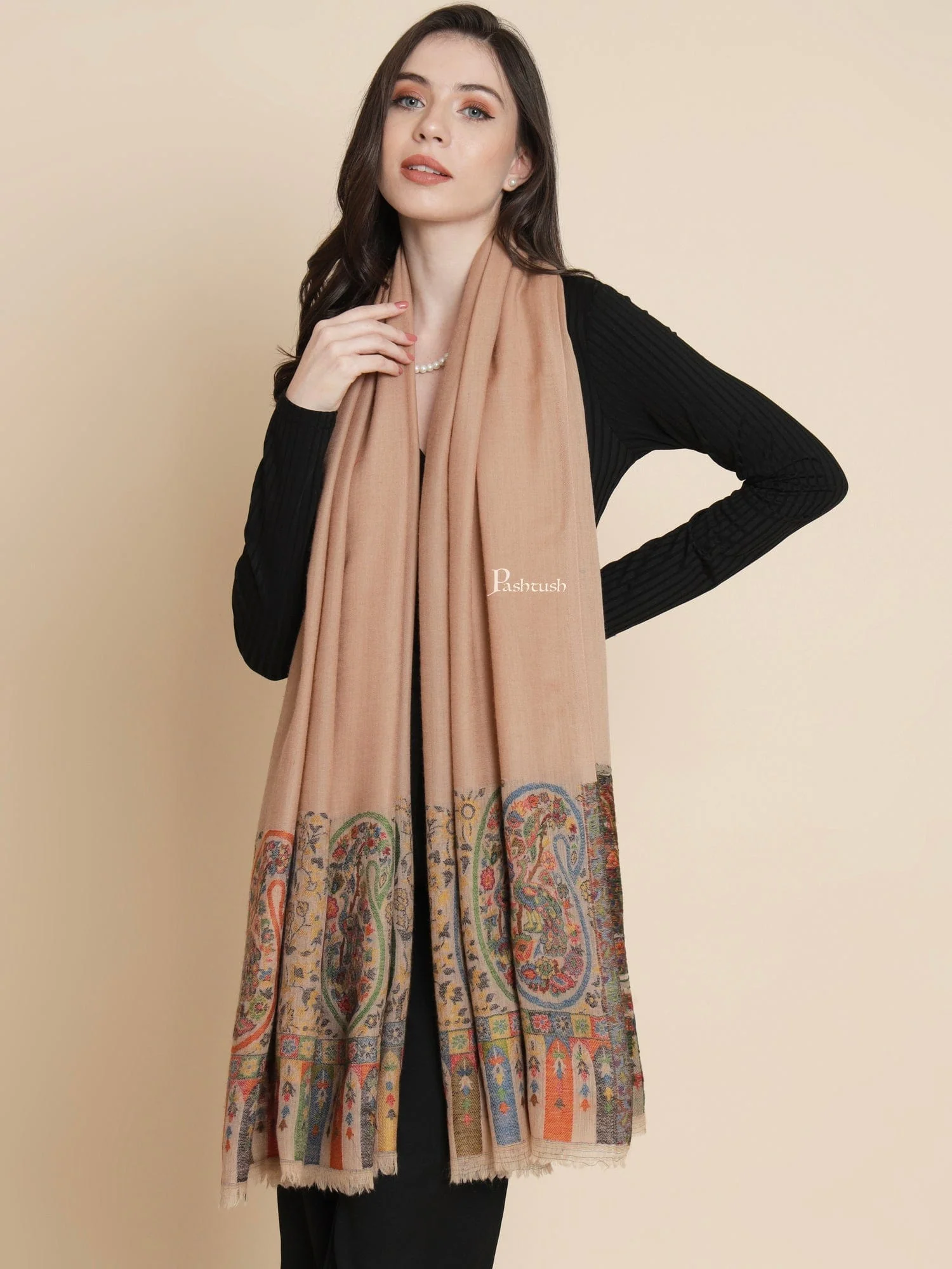 Pashtush Womens, 100% Pure Wool With Woolmark Certificate, Paisley Beautilful Paisle Woven, Beige - Image 4