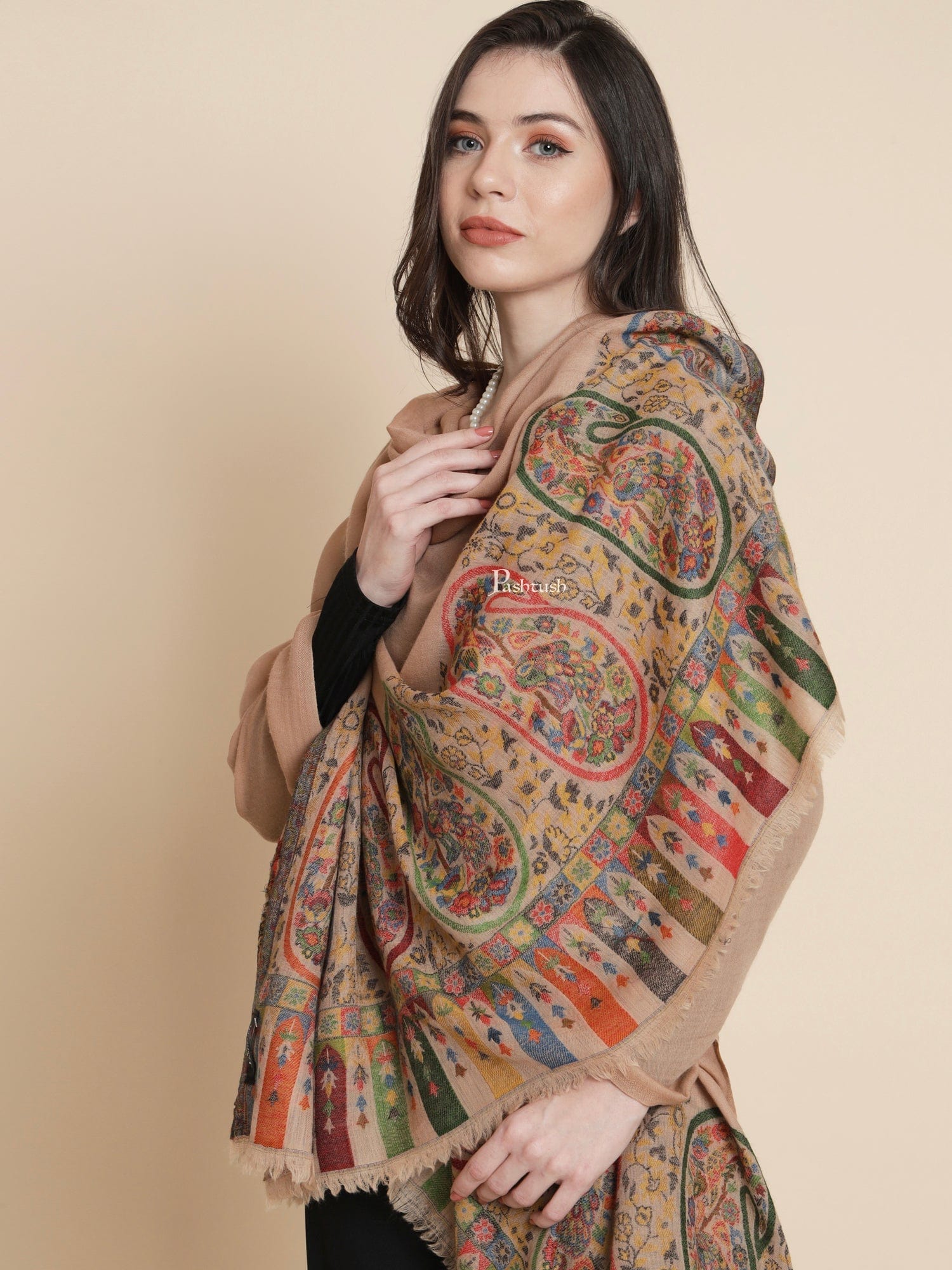 Pashtush Womens, 100% Pure Wool With Woolmark Certificate, Paisley Beautilful Paisle Woven, Beige - Image 5