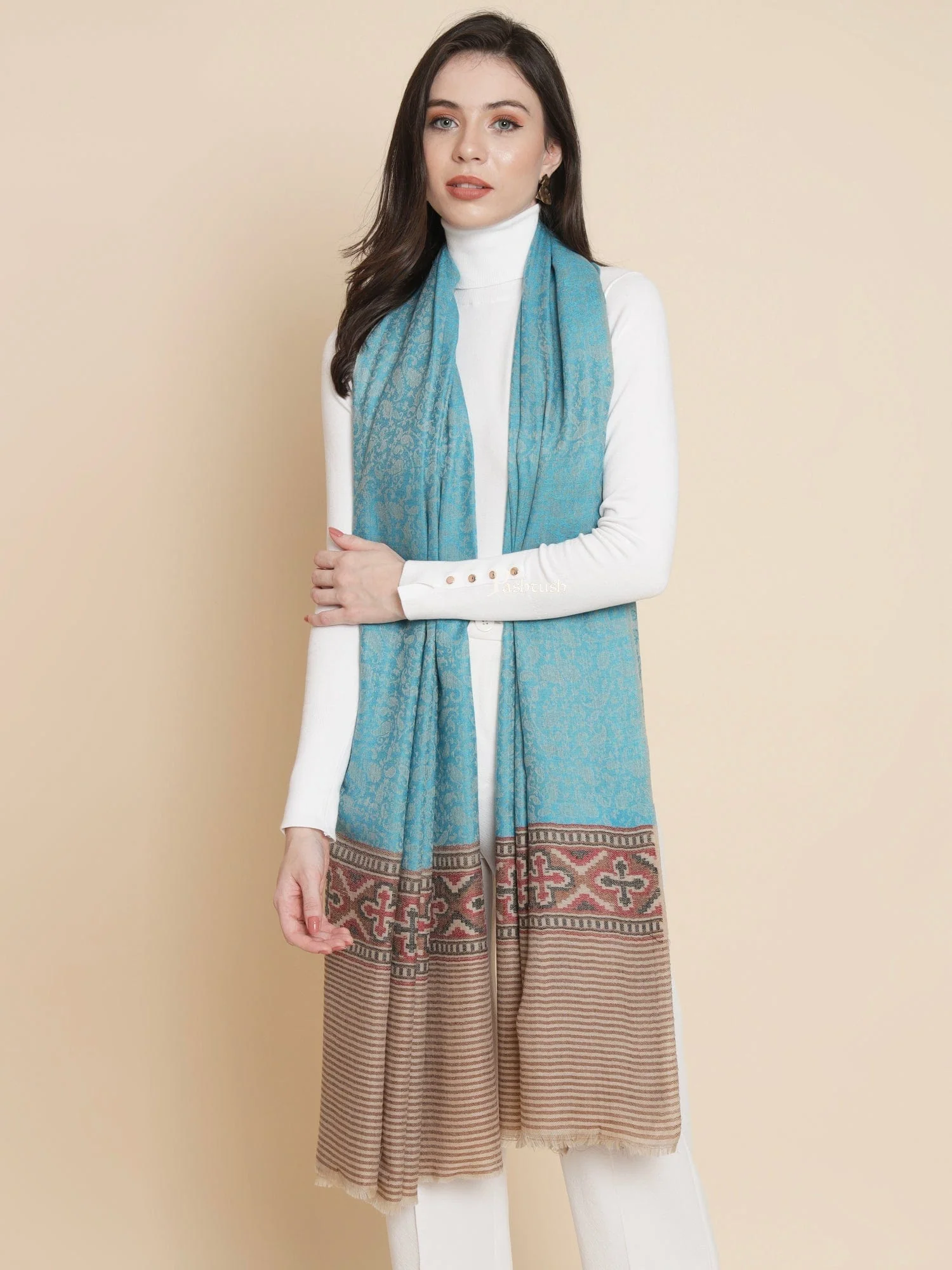 Pashtush Womens, Extra Fine Wool, Aztec Palla Woven, Aqua Blue - Image 3