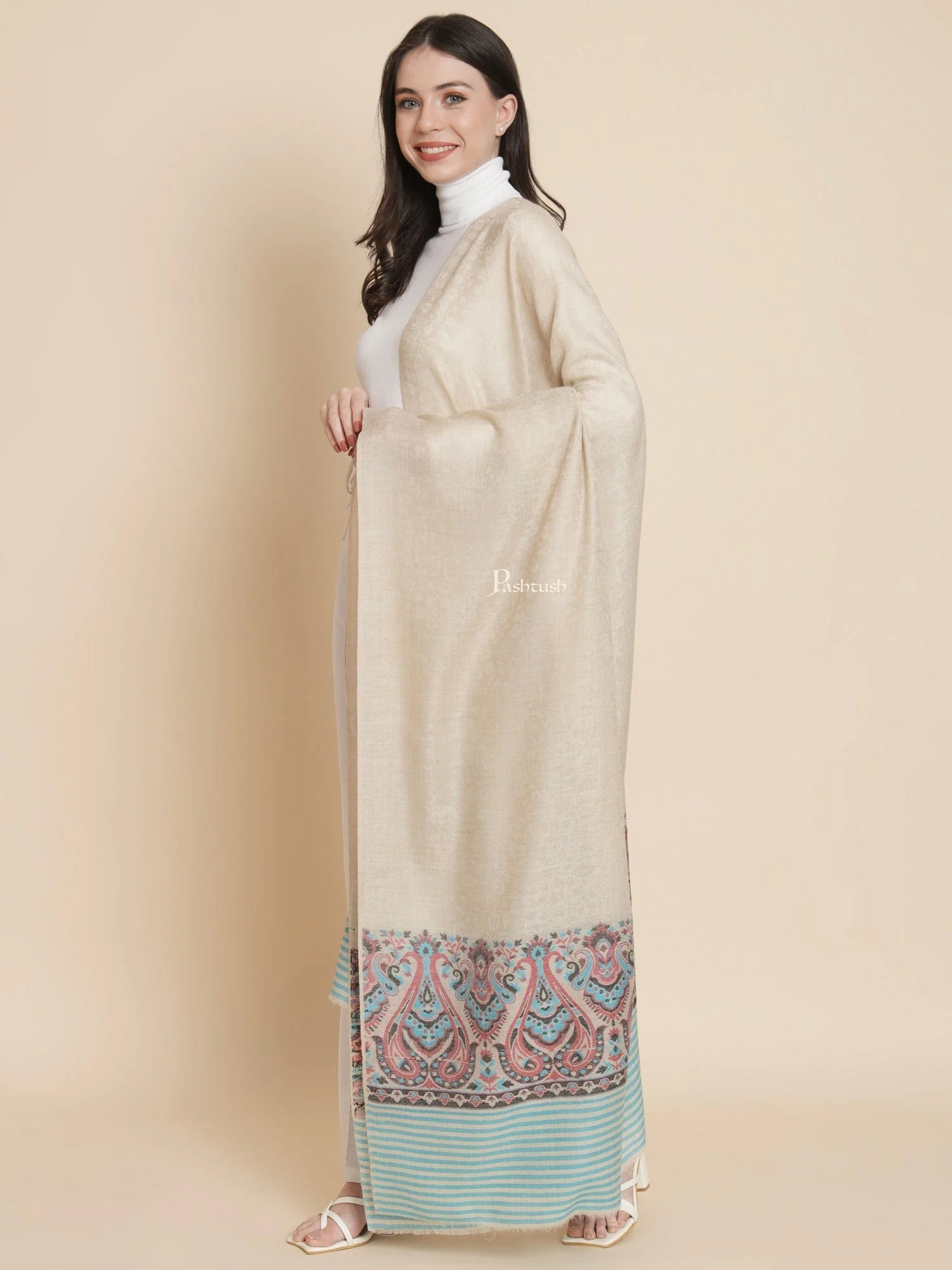 Pashtush Womens, Extra Fine Wool, Ethnic Motif Palla Woven, Beige - Image 5