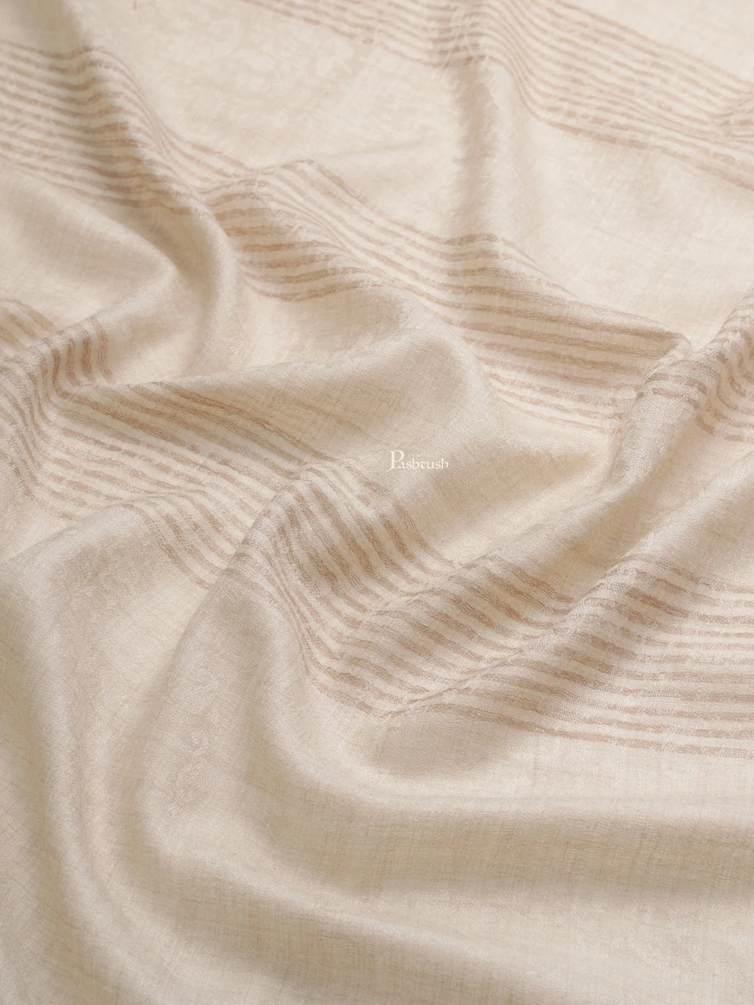 Pashtush Womens, Extra Fine Wool, Floral Large Striped Self Woven, Beige - Image 2