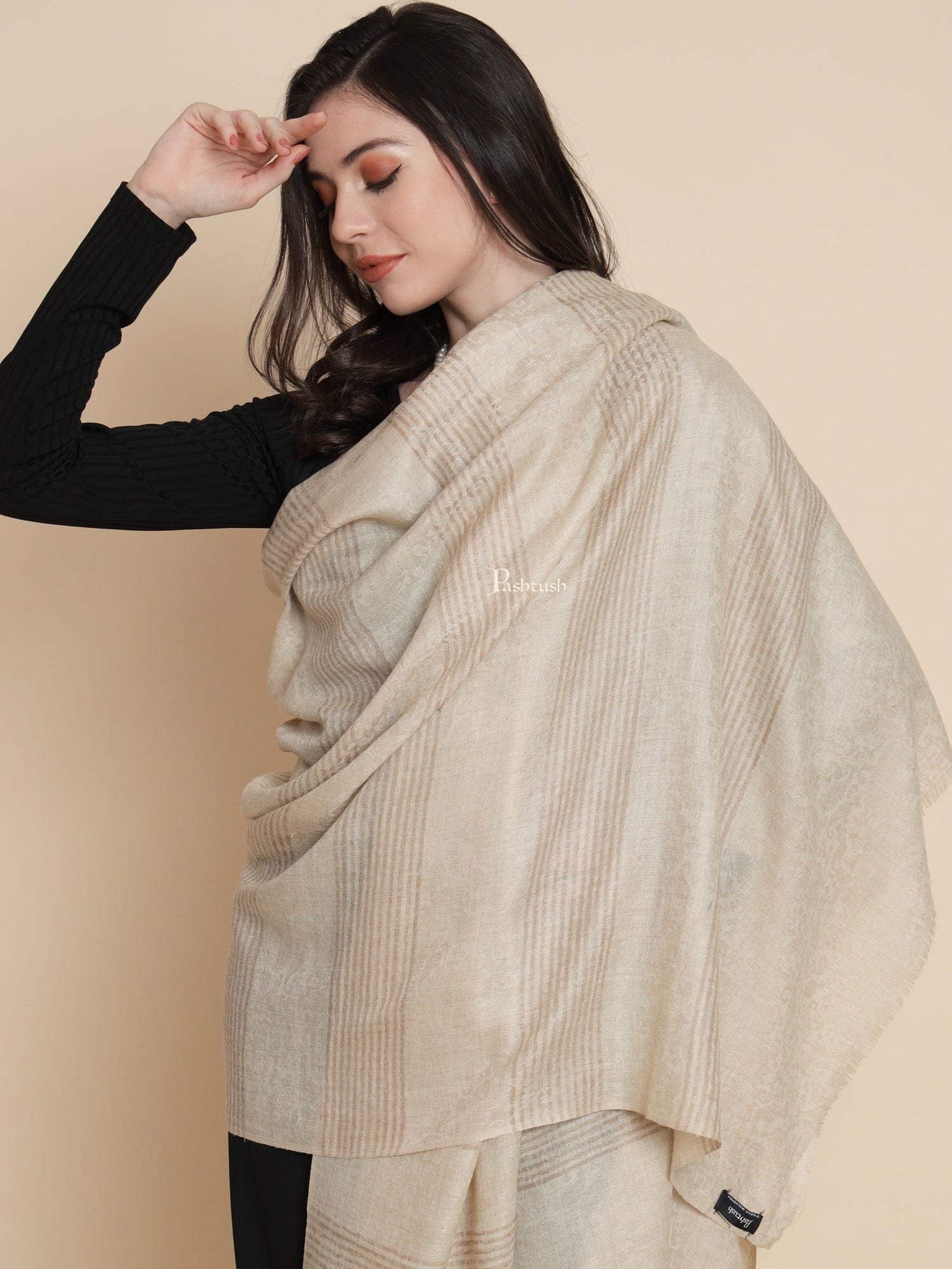Pashtush Womens, Extra Fine Wool, Floral Large Striped Self Woven, Beige - Image 4