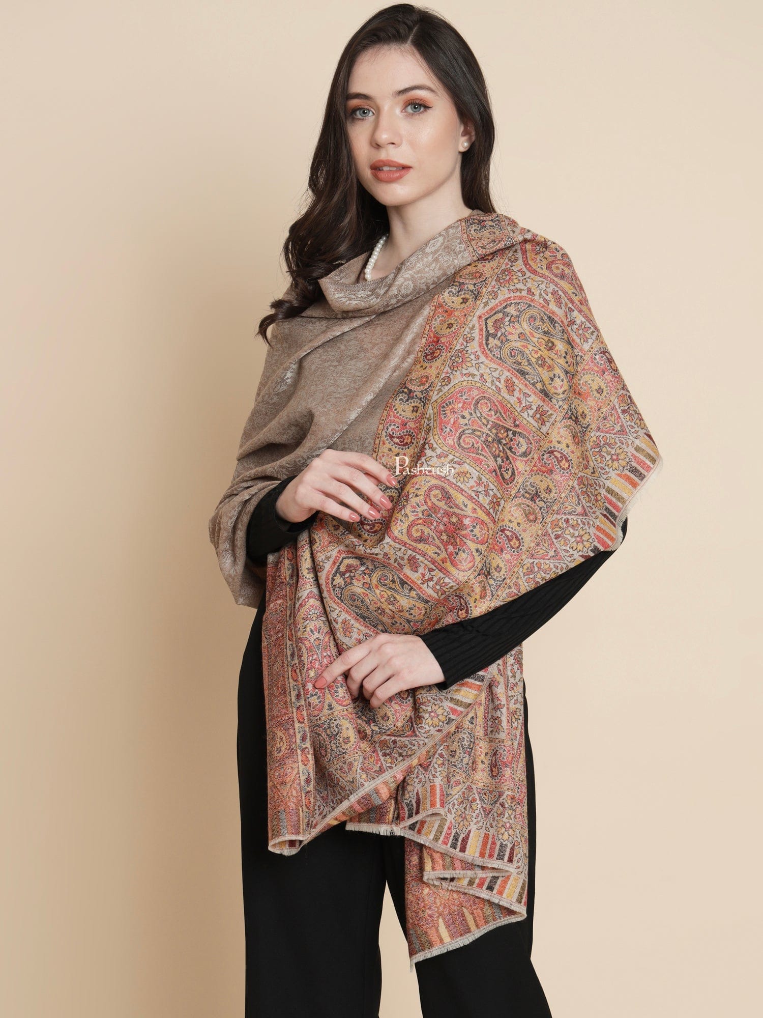 Pashtush Womens, Extra Fine Wool, Paisley Palla Woven, Taupe