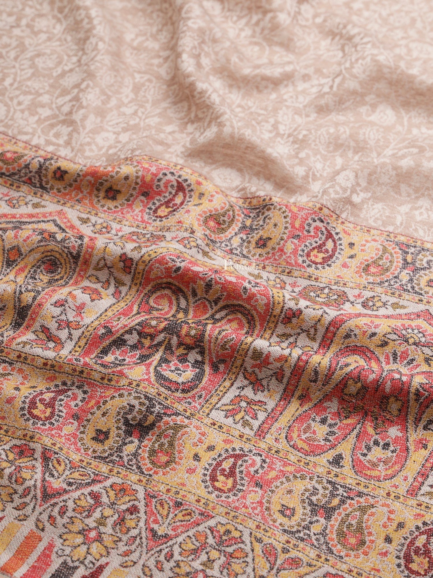 Pashtush Womens, Extra Fine Wool, Paisley Palla Woven, Taupe - Image 2