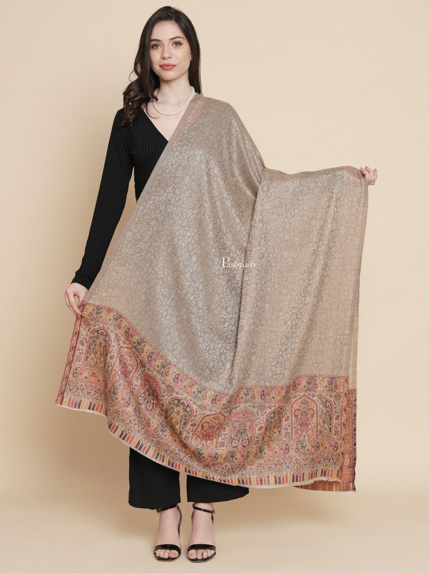 Pashtush Womens, Extra Fine Wool, Paisley Palla Woven, Taupe - Image 3
