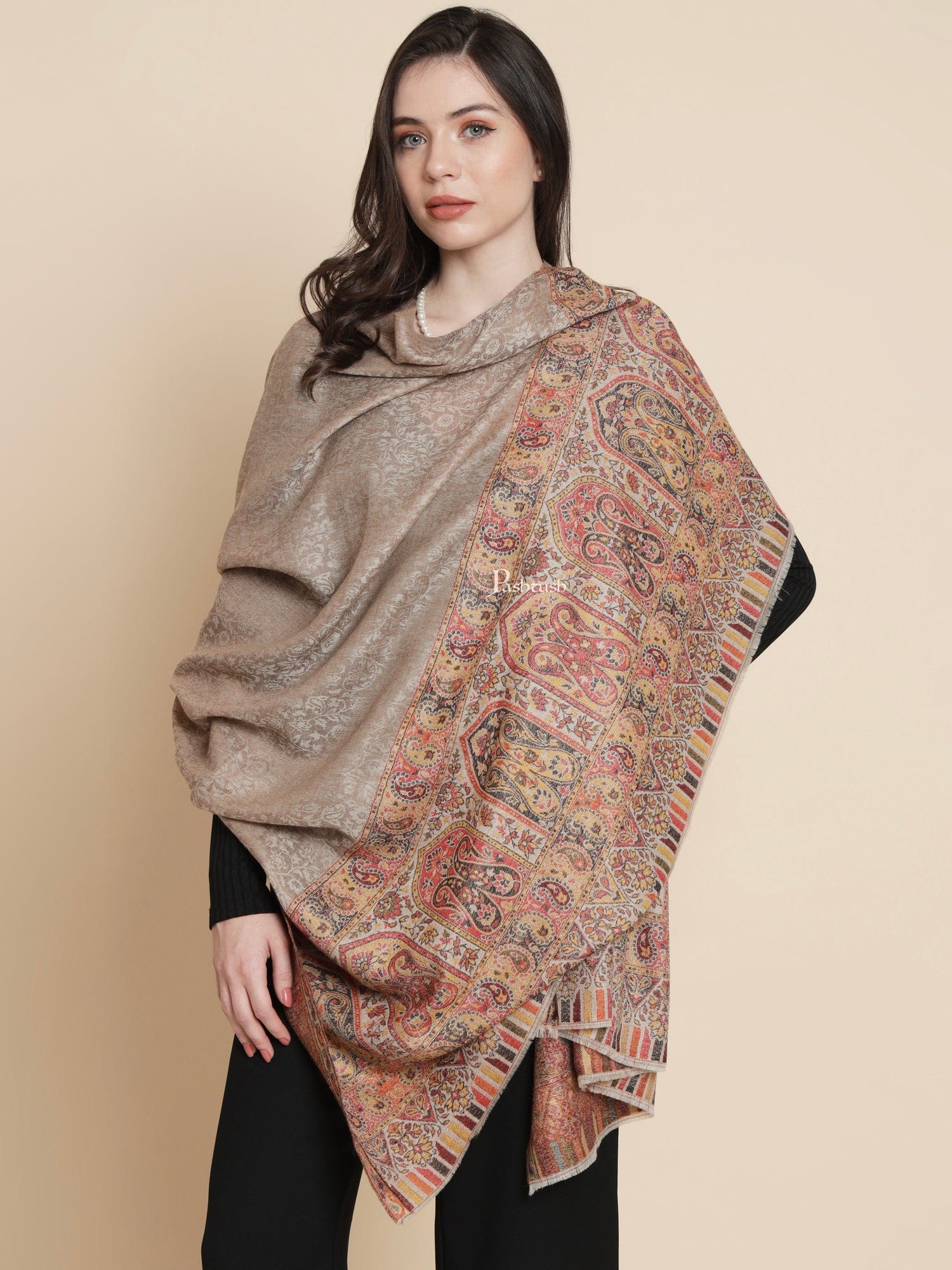 Pashtush Womens, Extra Fine Wool, Paisley Palla Woven, Taupe - Image 4