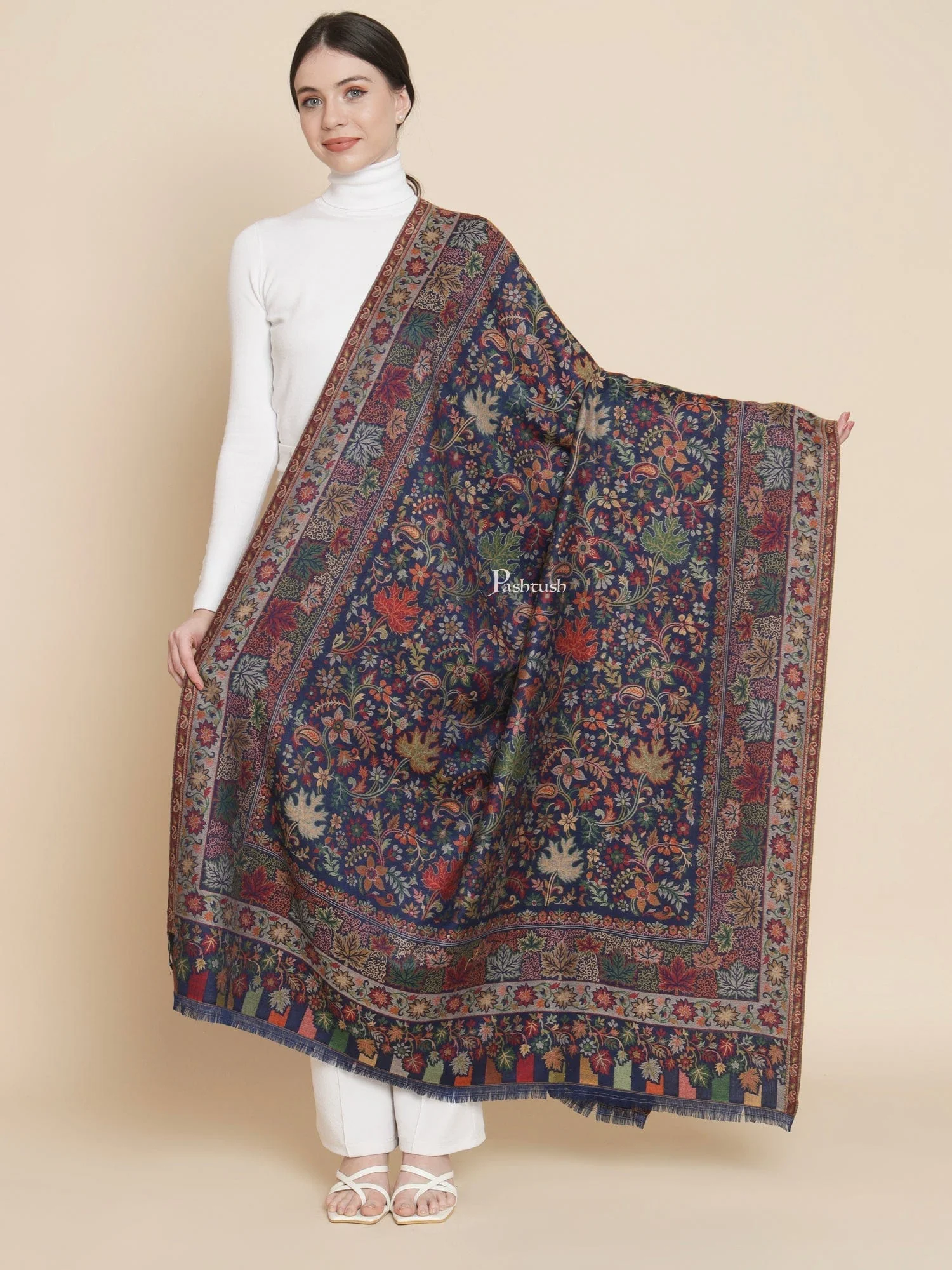 Pashtush Womens, Faux Pashmina, Floral Ethnic Woven Chinaar Woven, Navy Blue