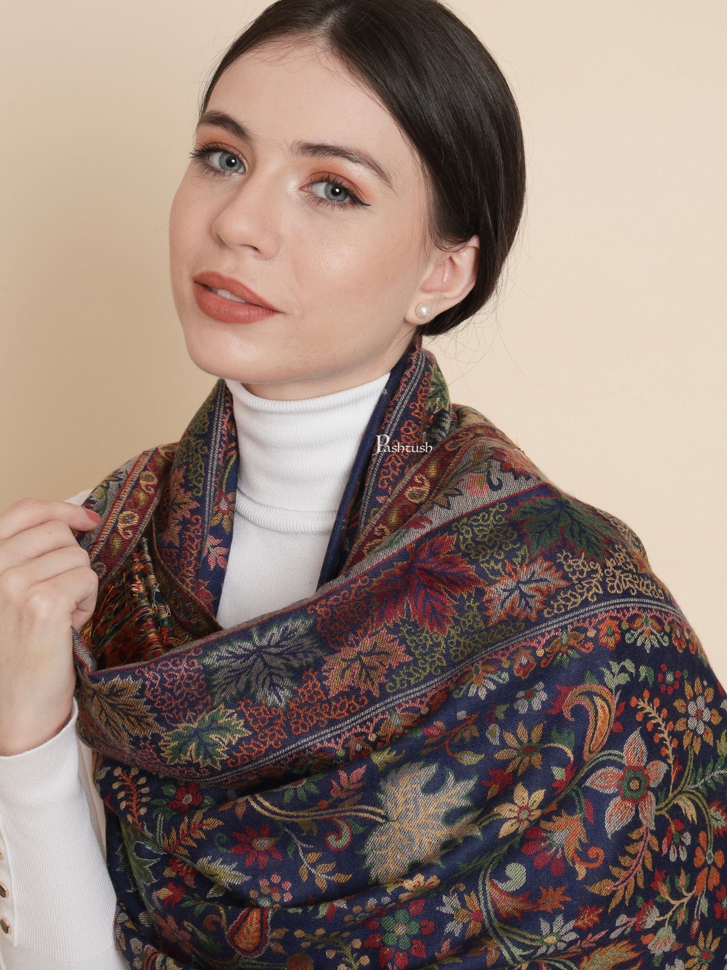 Pashtush Womens, Faux Pashmina, Floral Ethnic Woven Chinaar Woven, Navy Blue - Image 5