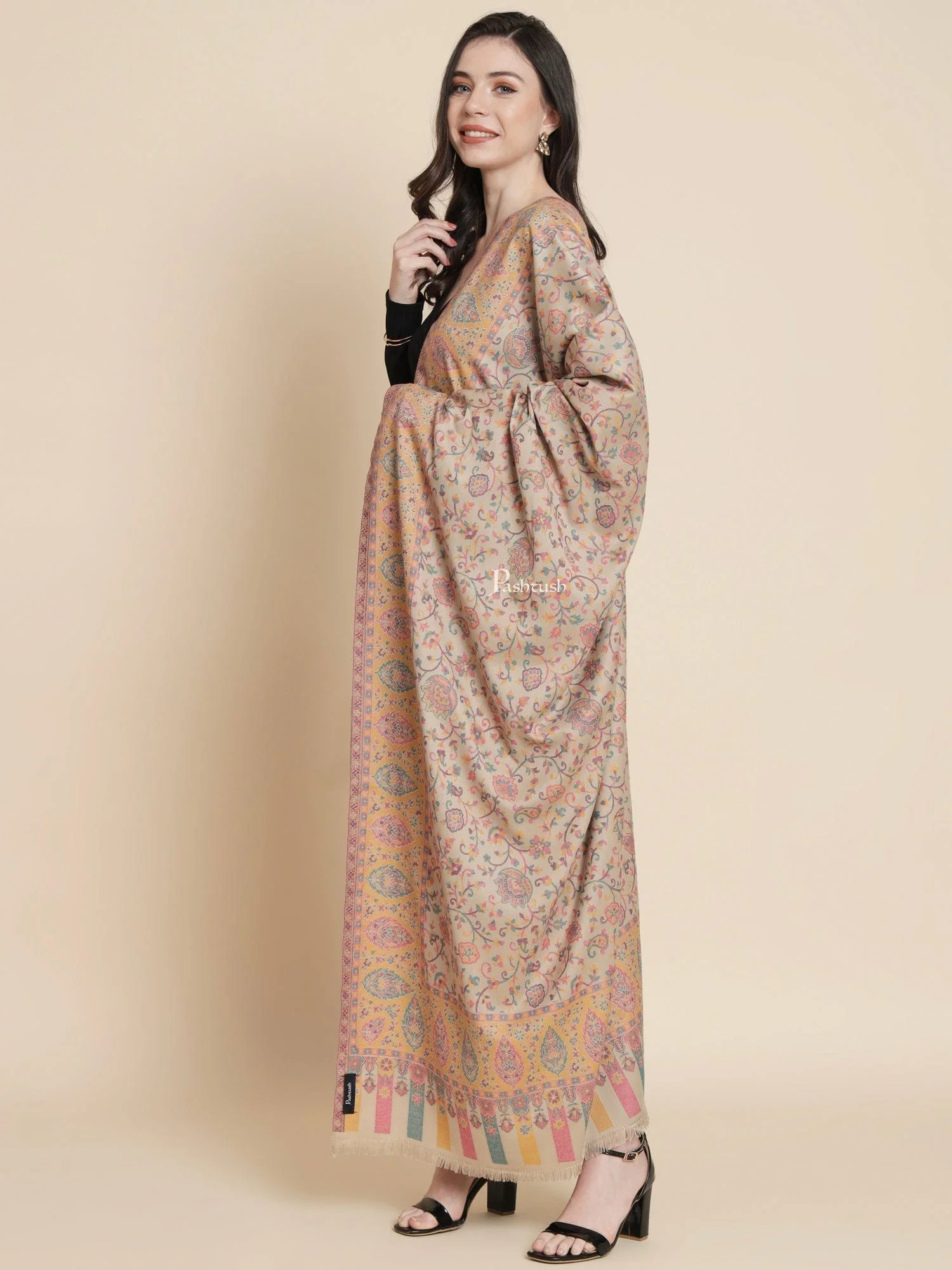Pashtush Womens, Faux Pashmina, Paisley Ethnic Woven, Beige - Image 3