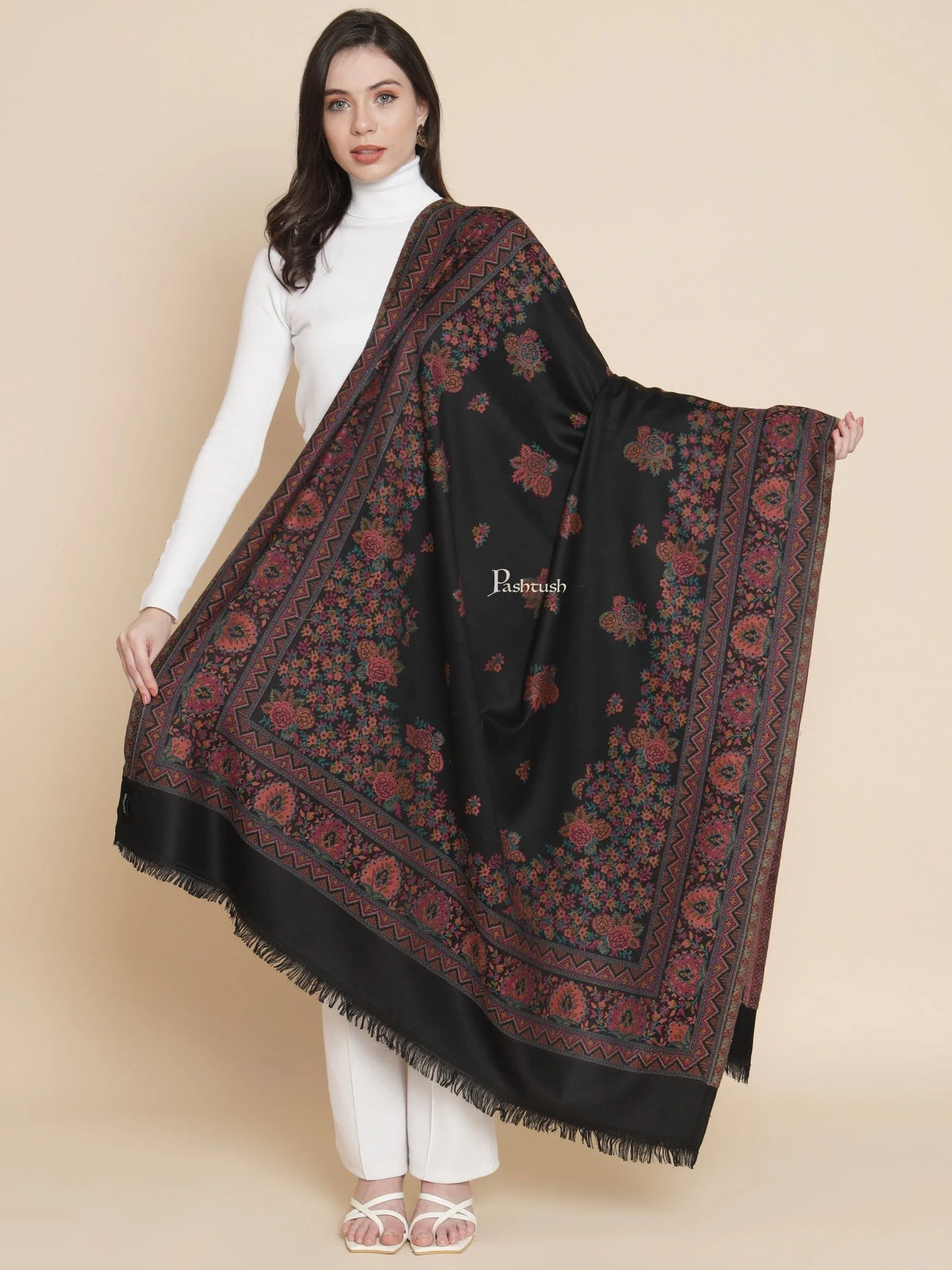 Pashtush Womens, Faux Pashmina, Paisley Palla Woven, Black - Image 3