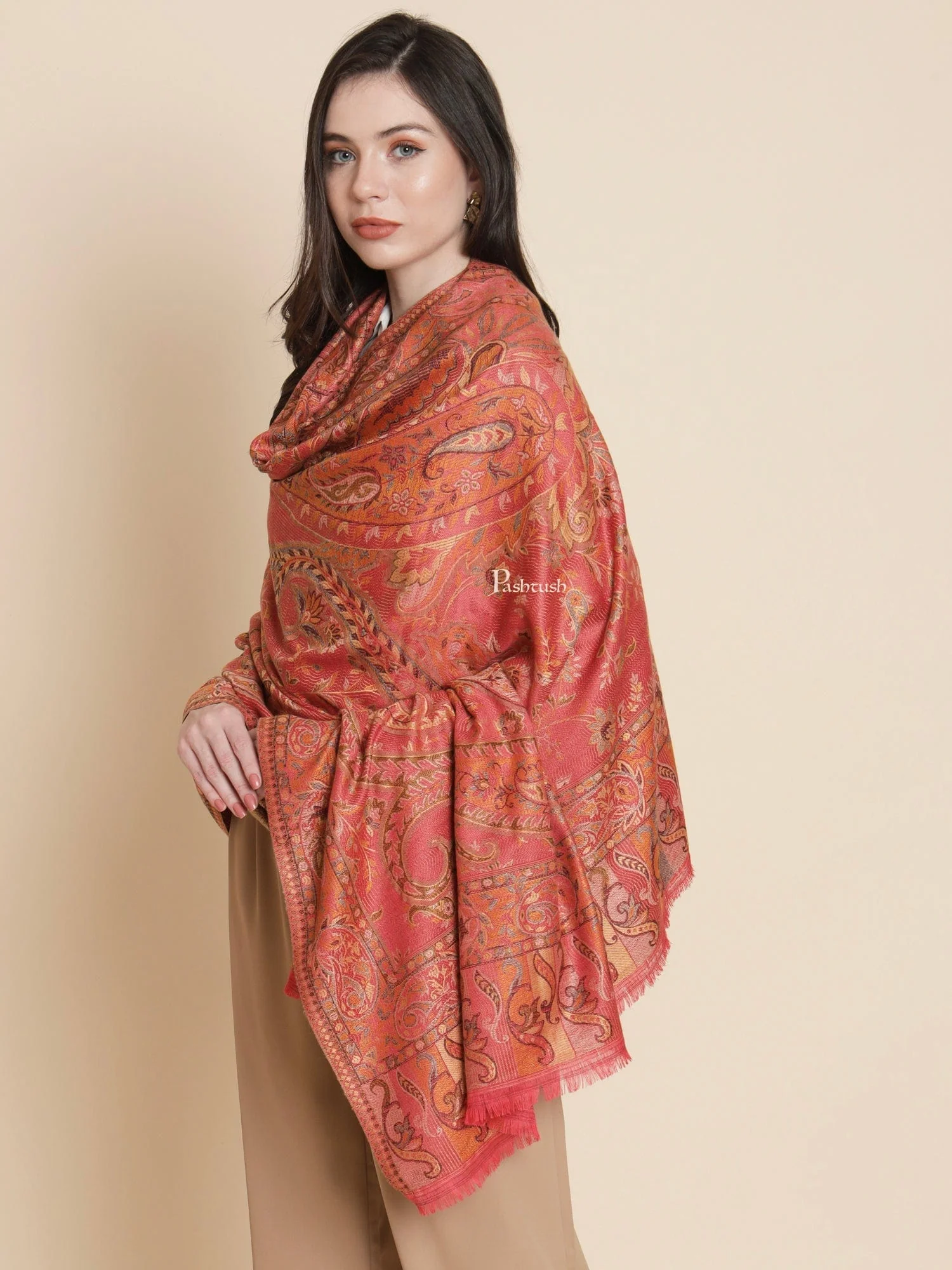Pashtush Womens, Faux Pashmina, Paisley Woven Jamawar Woven, Rose