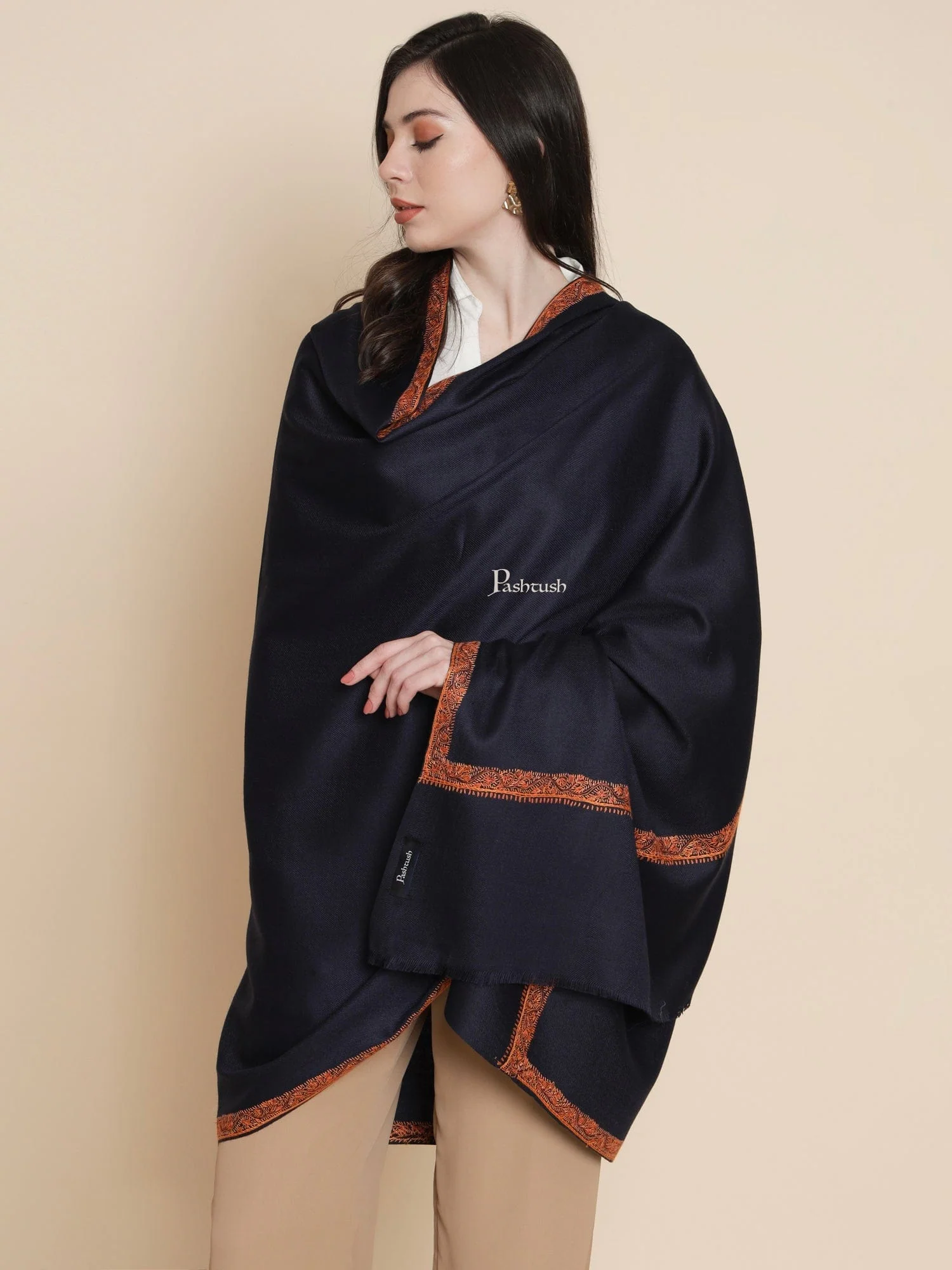 Pashtush Womens, Fine Wool, Bel-Dar Kashmiri Haashia Hand Embroidery, Blue - Image 3