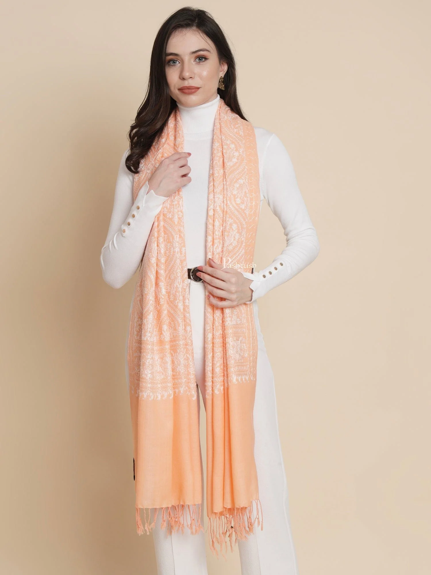 Pashtush Womens, Fine Wool, Bootey Silky Nalki Embroidery, Peach