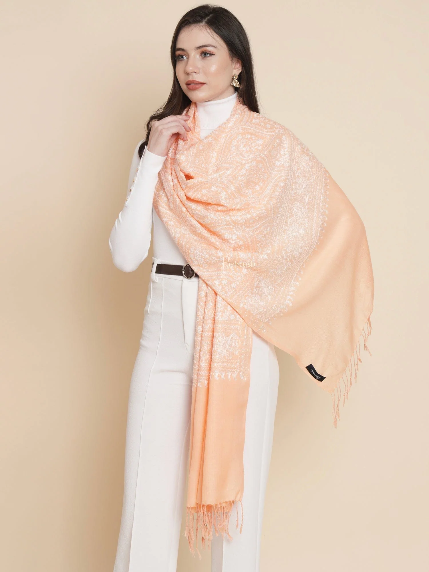 Pashtush Womens, Fine Wool, Bootey Silky Nalki Embroidery, Peach - Image 3
