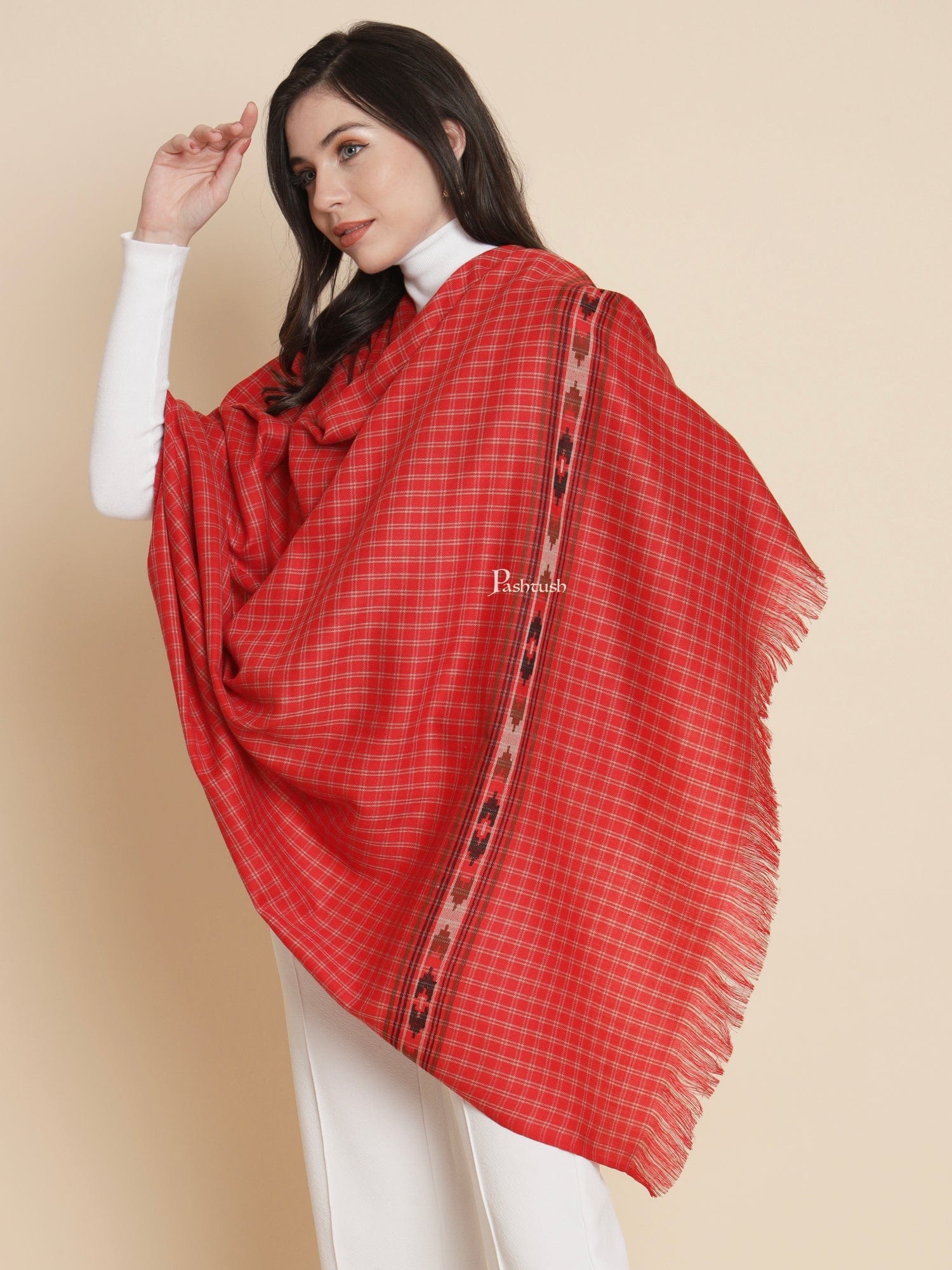 Pashtush Womens, Fine Wool, Checkered Aztec Palla Woven, Red - Image 4