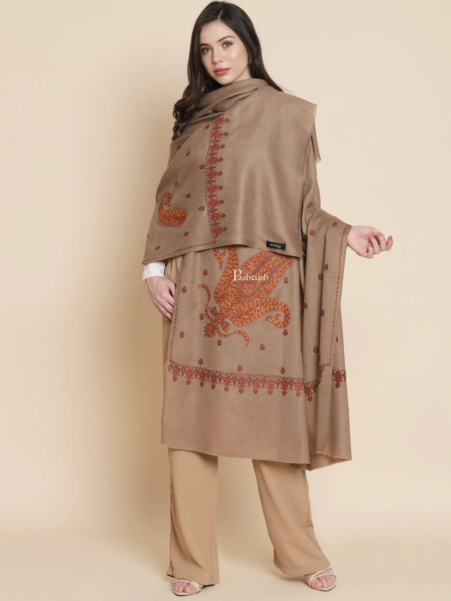 Pashtush Womens, Fine Wool, Paisley Kashmiri Kunj Embroidery, Taupe - Image 3