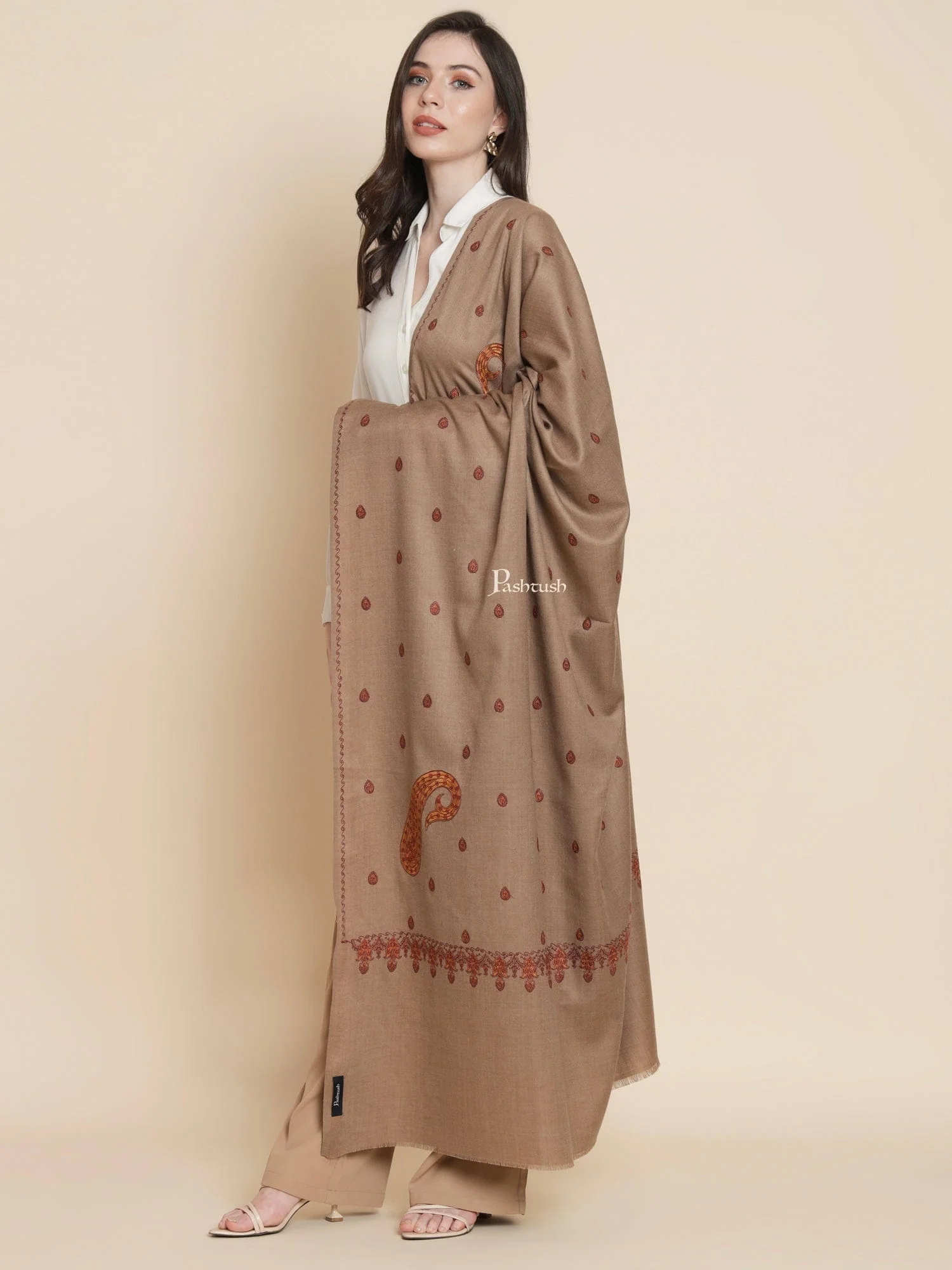 Pashtush Womens, Fine Wool, Paisley Kashmiri Kunj Embroidery, Taupe - Image 4
