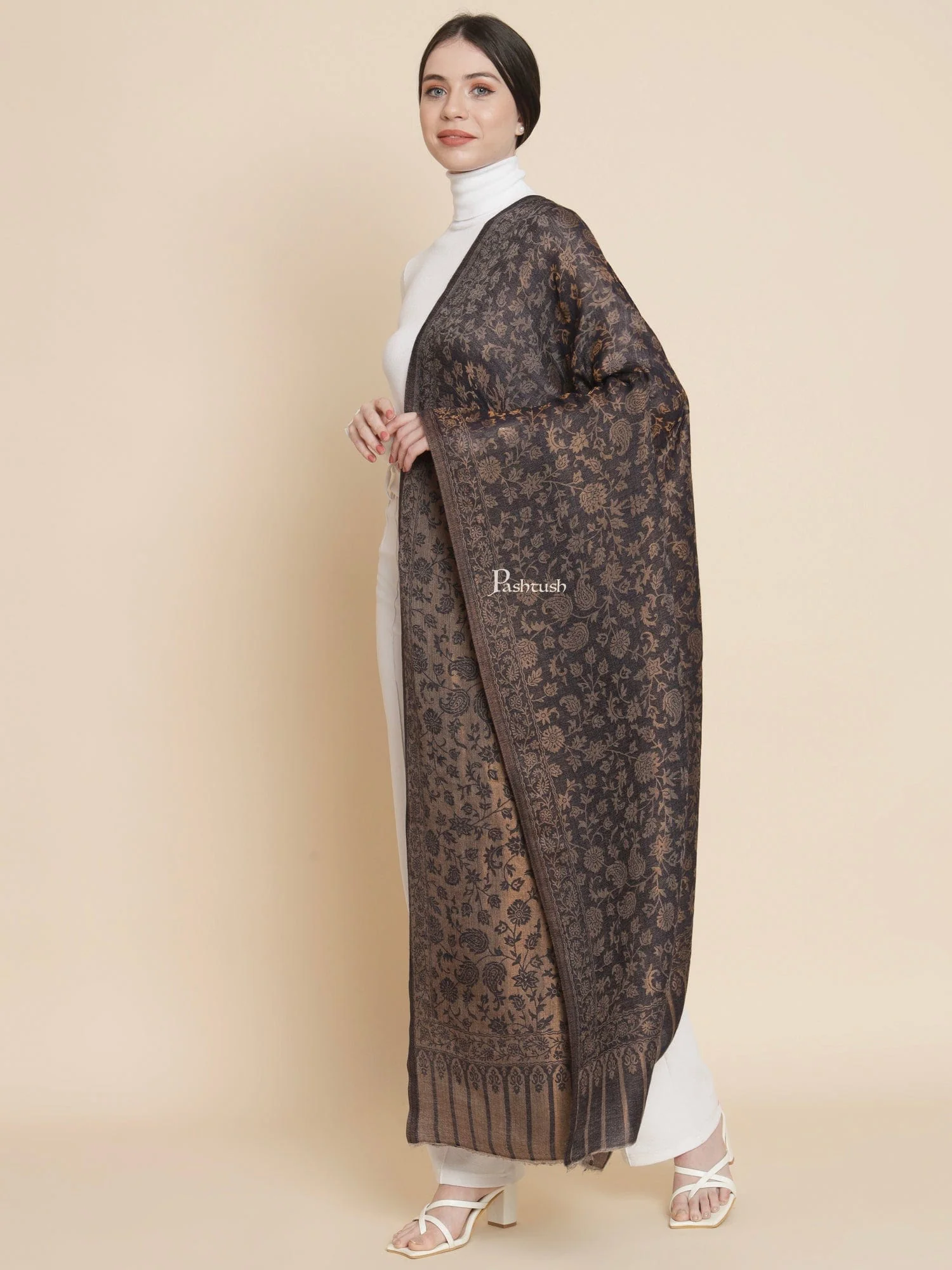 Pashtush Womens, Wool Extra Fine Count , Paisley Twilight Collection, Soft Metallic Thread Woven, Navy Blue