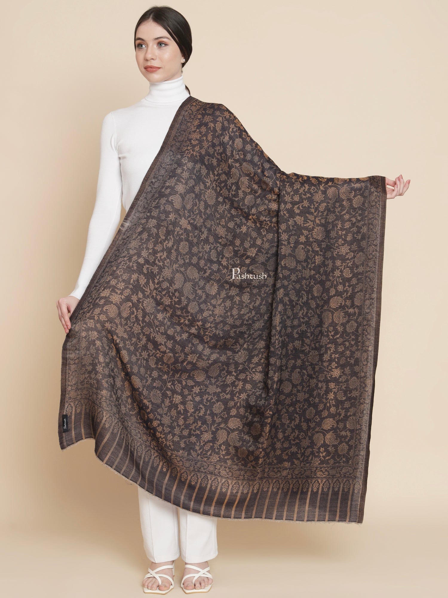Pashtush Womens, Wool Extra Fine Count , Paisley Twilight Collection, Soft Metallic Thread Woven, Navy Blue - Image 3