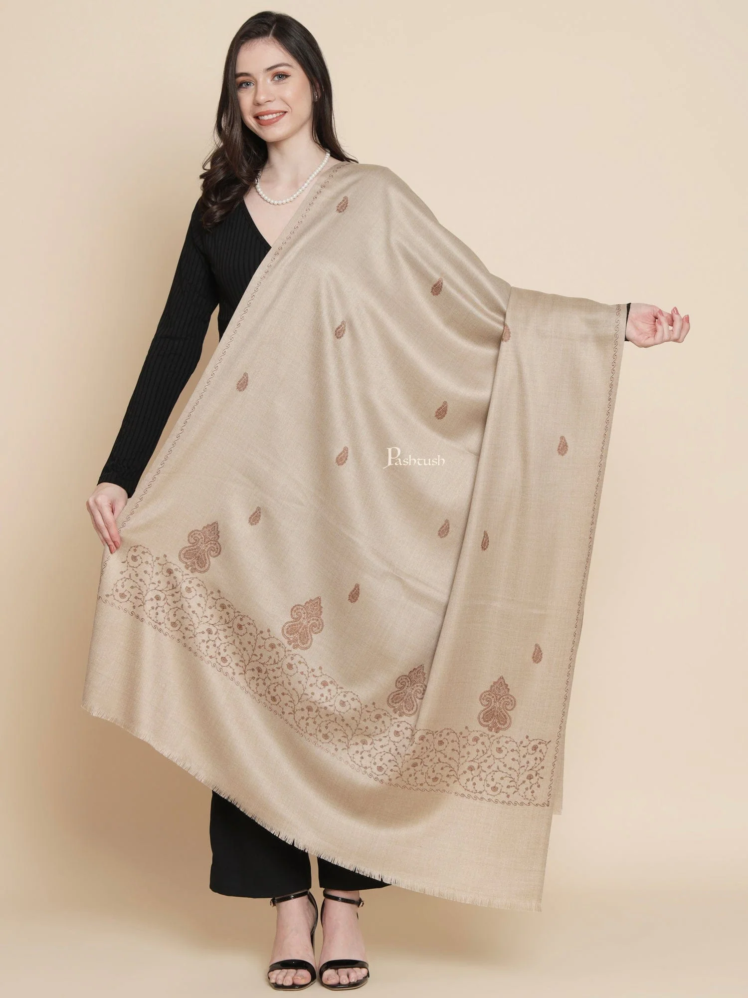 Pashtush Womens, Woollen, Ethnic Motif Bootey Embroidery, Beige
