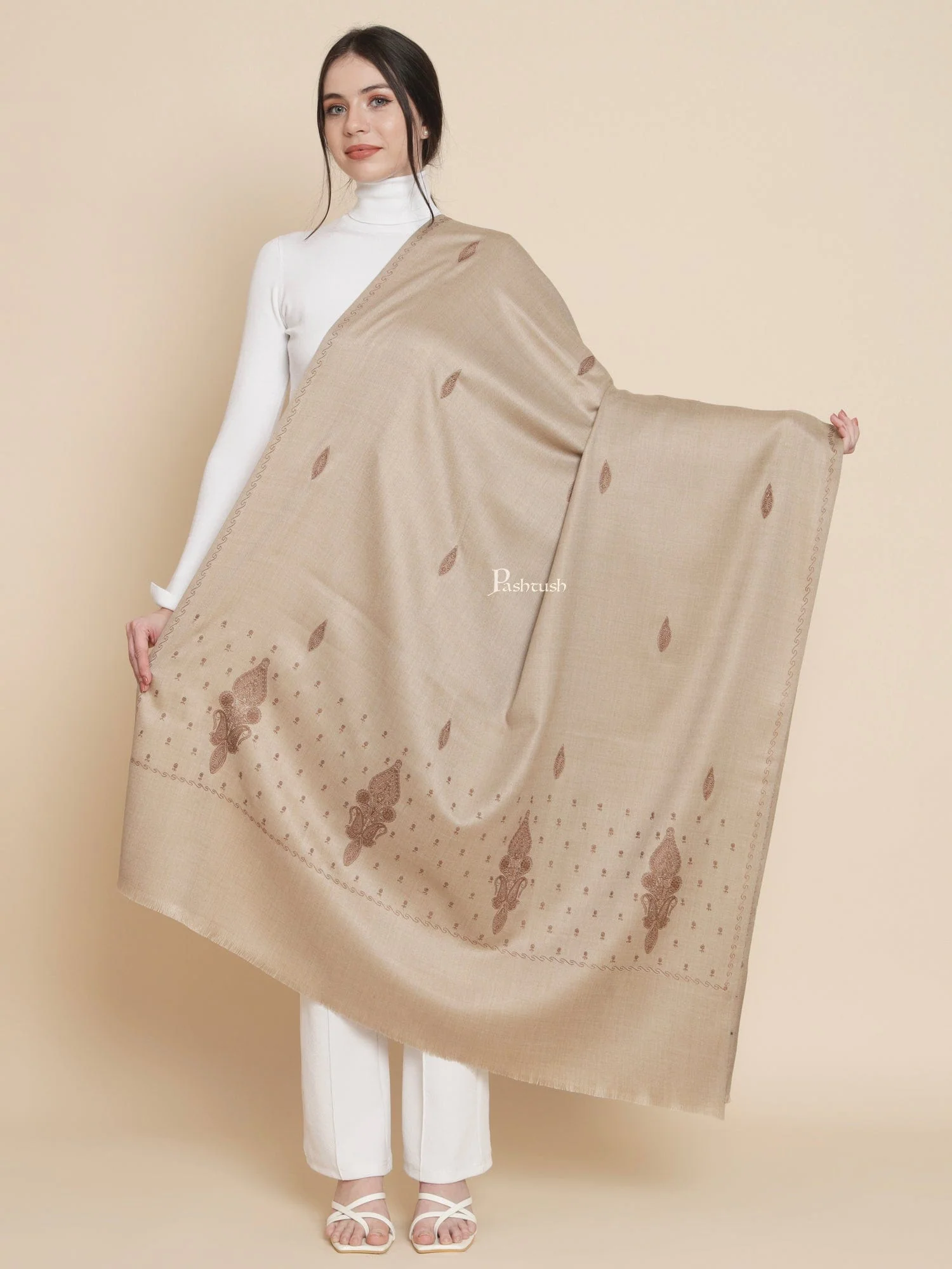 Pashtush Womens, Woollen, Ethnic Motif Bootey Embroidery, Beige - Image 3