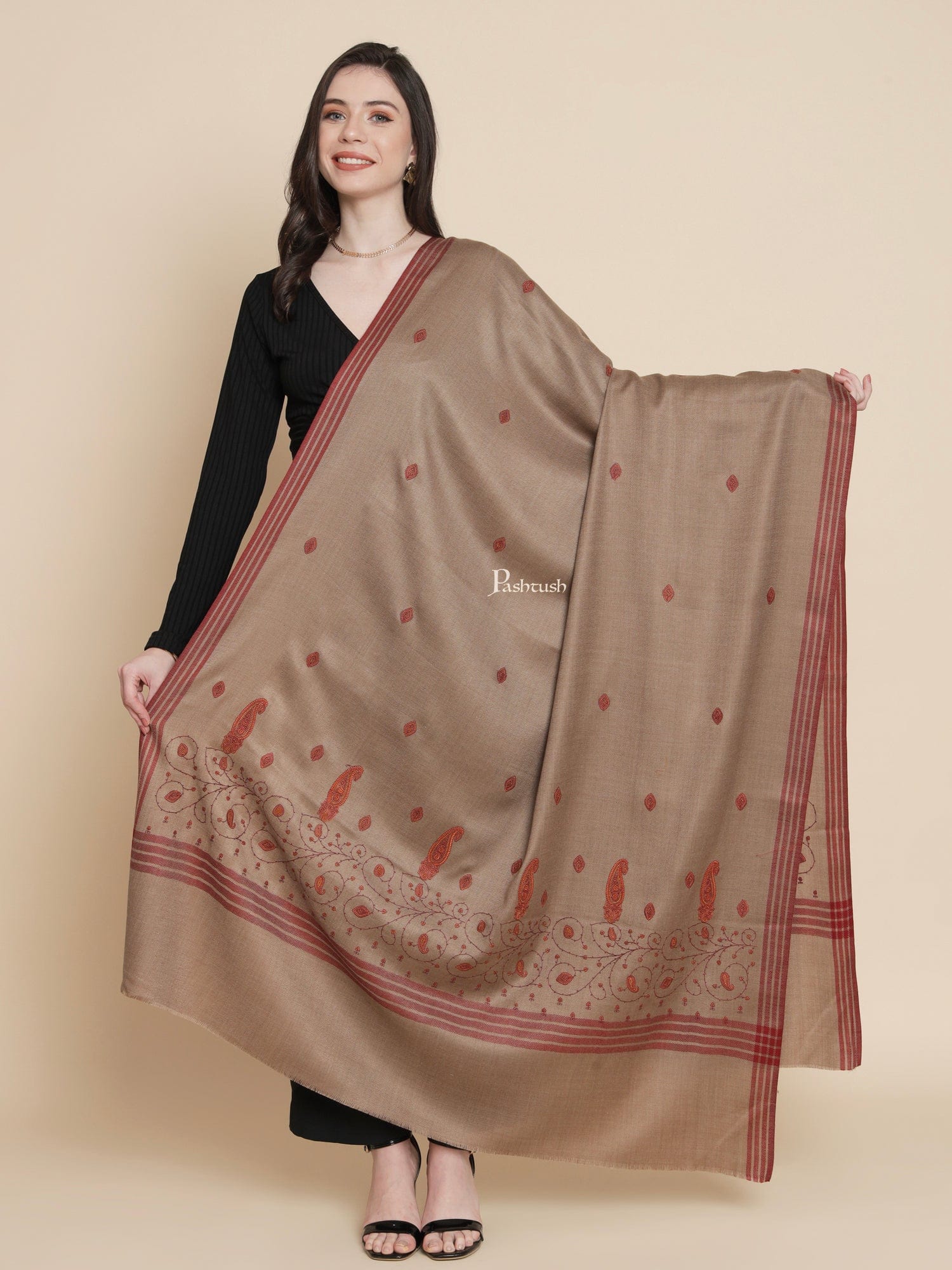 Pashtush Womens, Woollen, Paisley Large Thick And Warm, Kashmiri Embroidery Embroidery, Brown