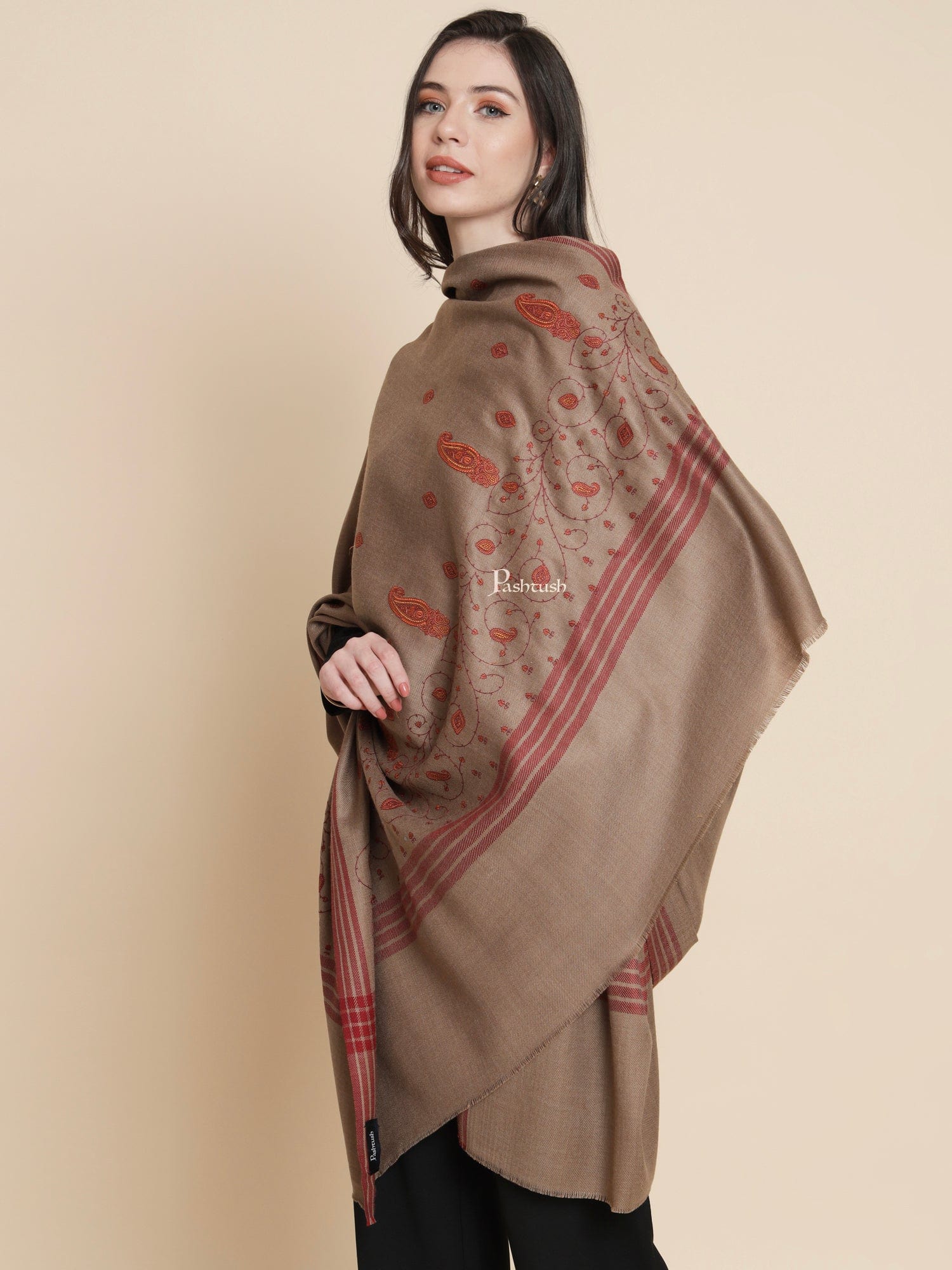 Pashtush Womens, Woollen, Paisley Large Thick And Warm, Kashmiri Embroidery Embroidery, Brown - Image 3