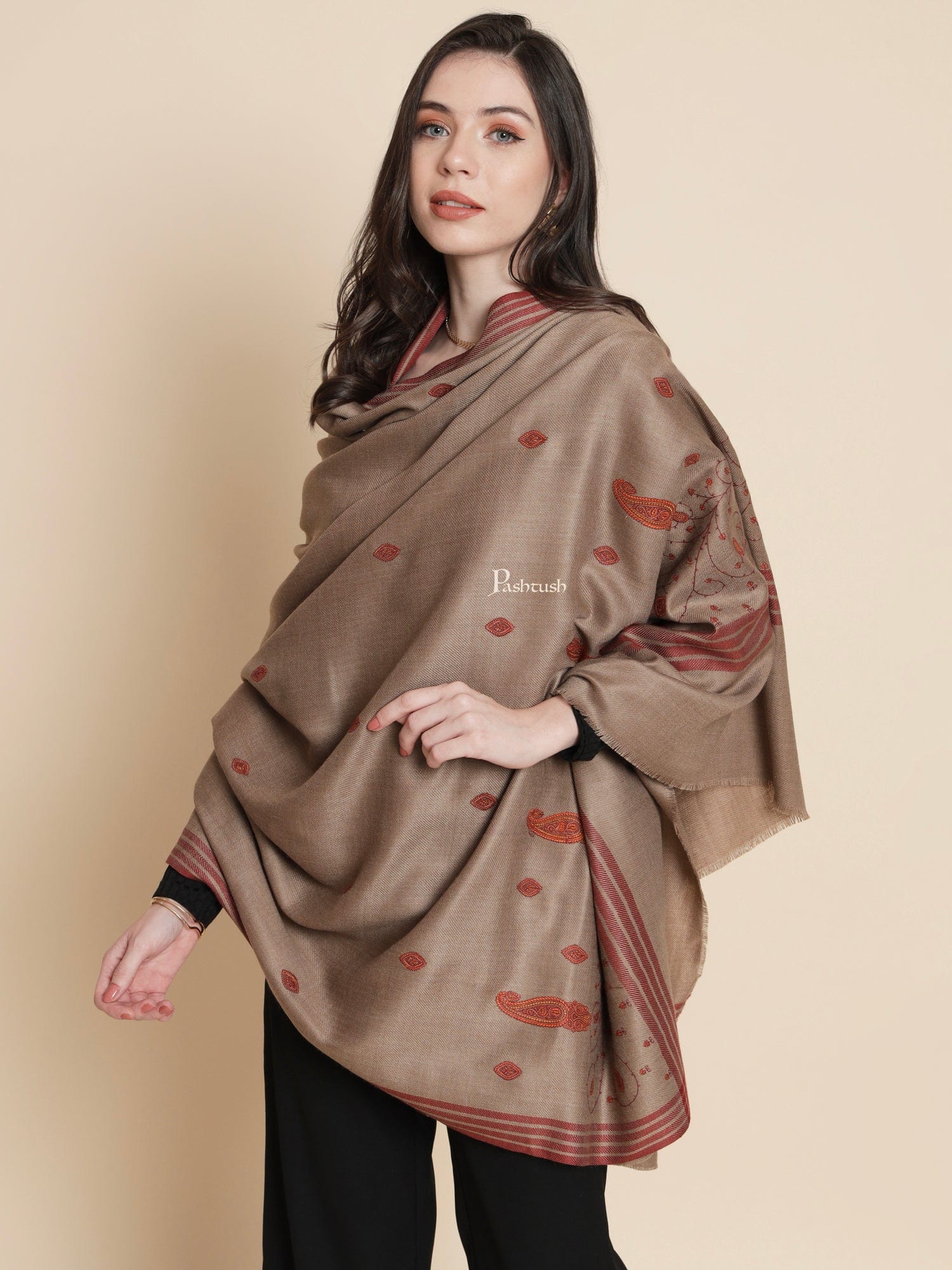 Pashtush Womens, Woollen, Paisley Large Thick And Warm, Kashmiri Embroidery Embroidery, Brown - Image 4